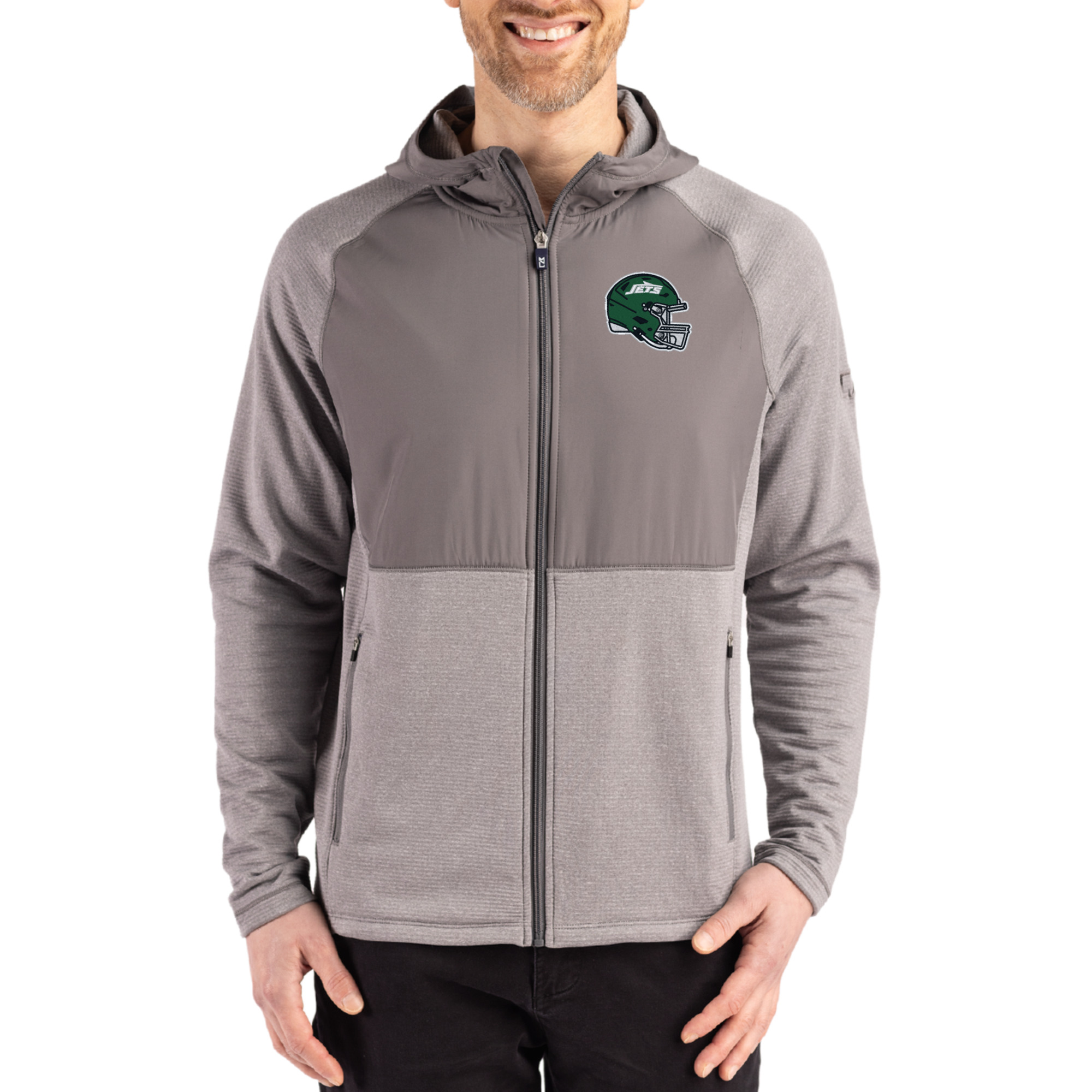 Men's Cutter & Buck Heather Gray New York Jets Peshastin Eco Fleece Recycled Raglan Full-Zip Tri-Blend Hybrid Jacket
