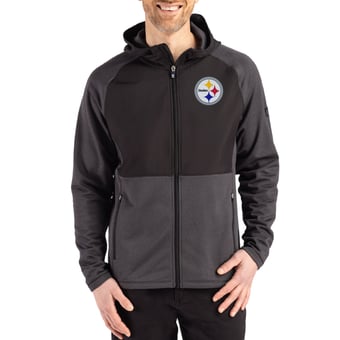 Men's Cutter & Buck  Heather Black Pittsburgh Steelers Peshastin Eco Fleece Recycled Raglan Full-Zip Tri-Blend Hybrid Jacket