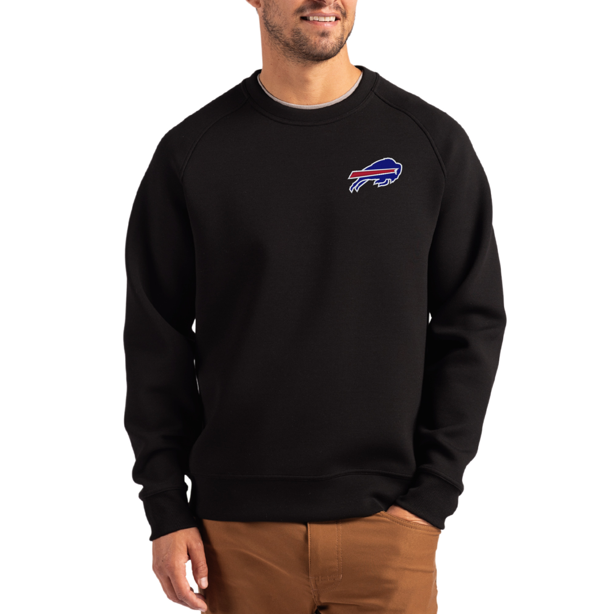 Men's Cutter & Buck Black Buffalo Bills Primary Logo Roam Recycled Raglan Pullover Sweatshirt