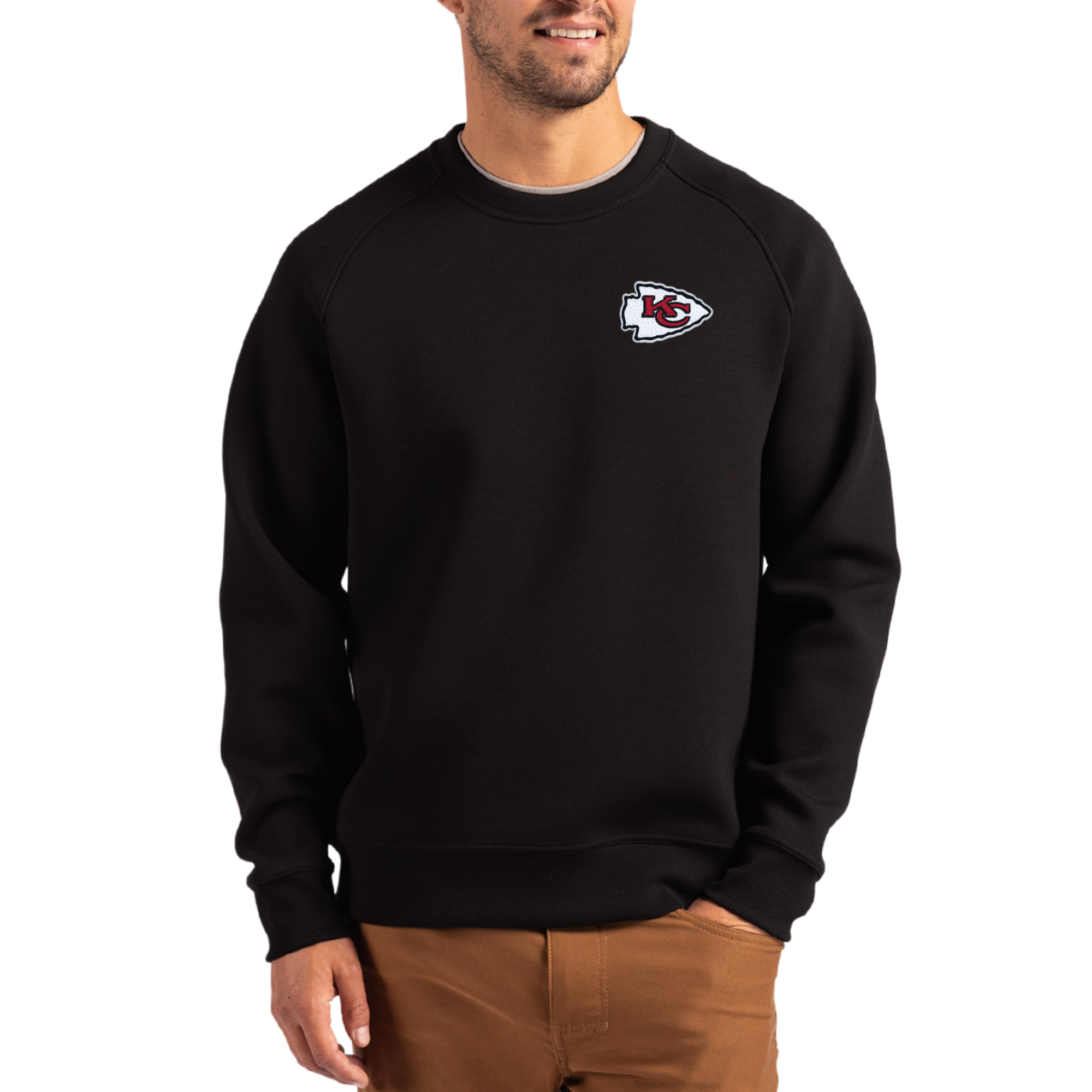 Men's Cutter & Buck Black Kansas City Chiefs Primary Logo Roam Recycled Raglan Pullover Sweatshirt