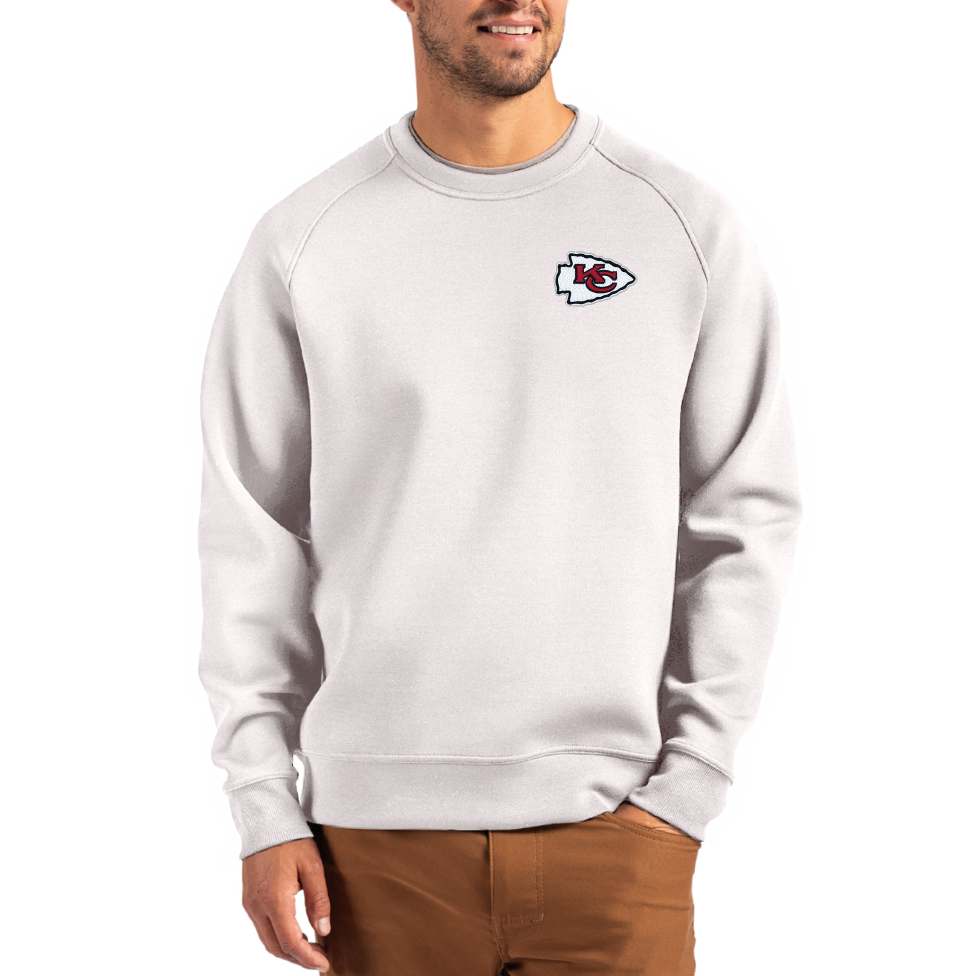 Men's Cutter & Buck Gray Kansas City Chiefs Primary Logo Roam Recycled Raglan Pullover Sweatshirt