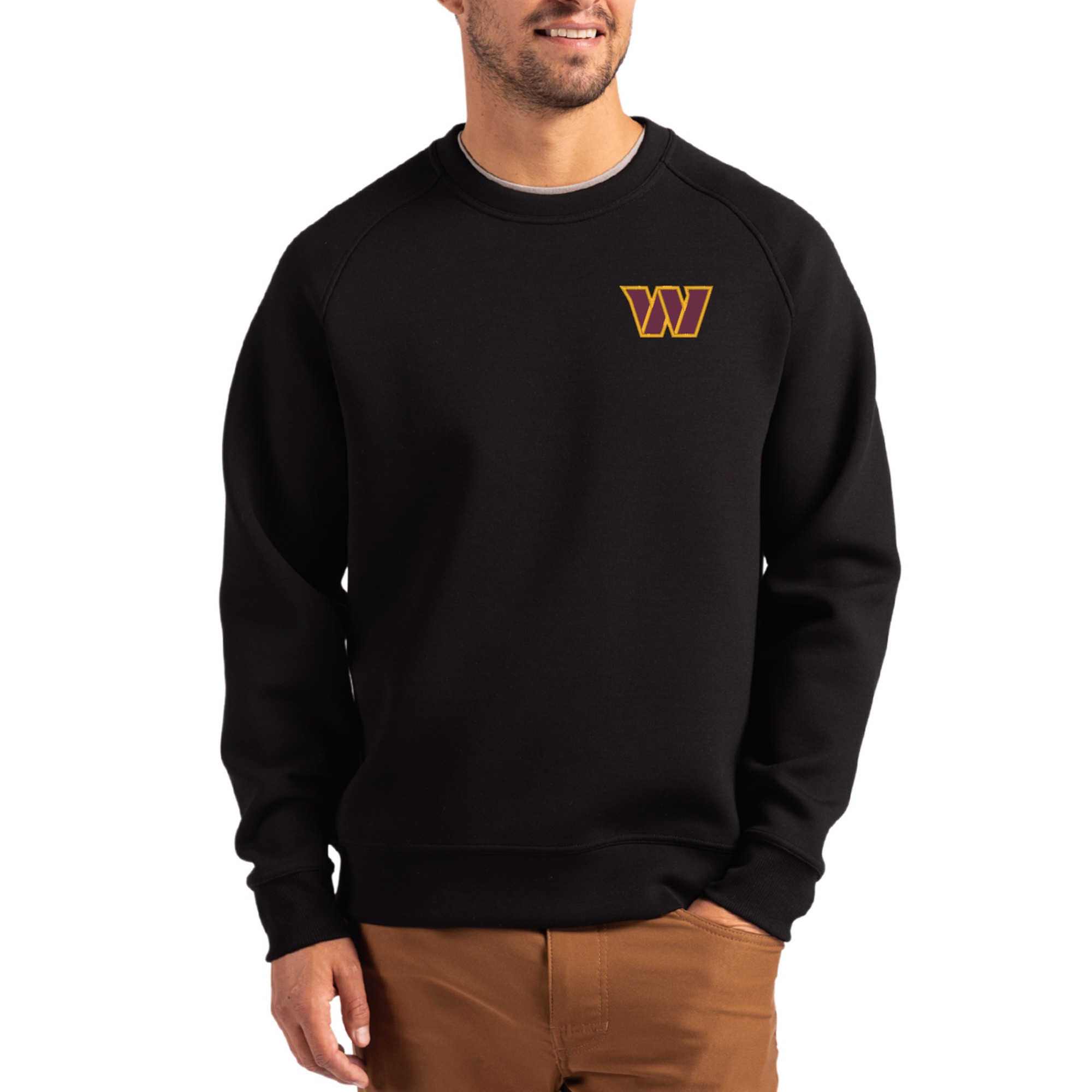 Men's Cutter & Buck Black Washington Commanders Primary Logo Roam Recycled Raglan Pullover Sweatshirt
