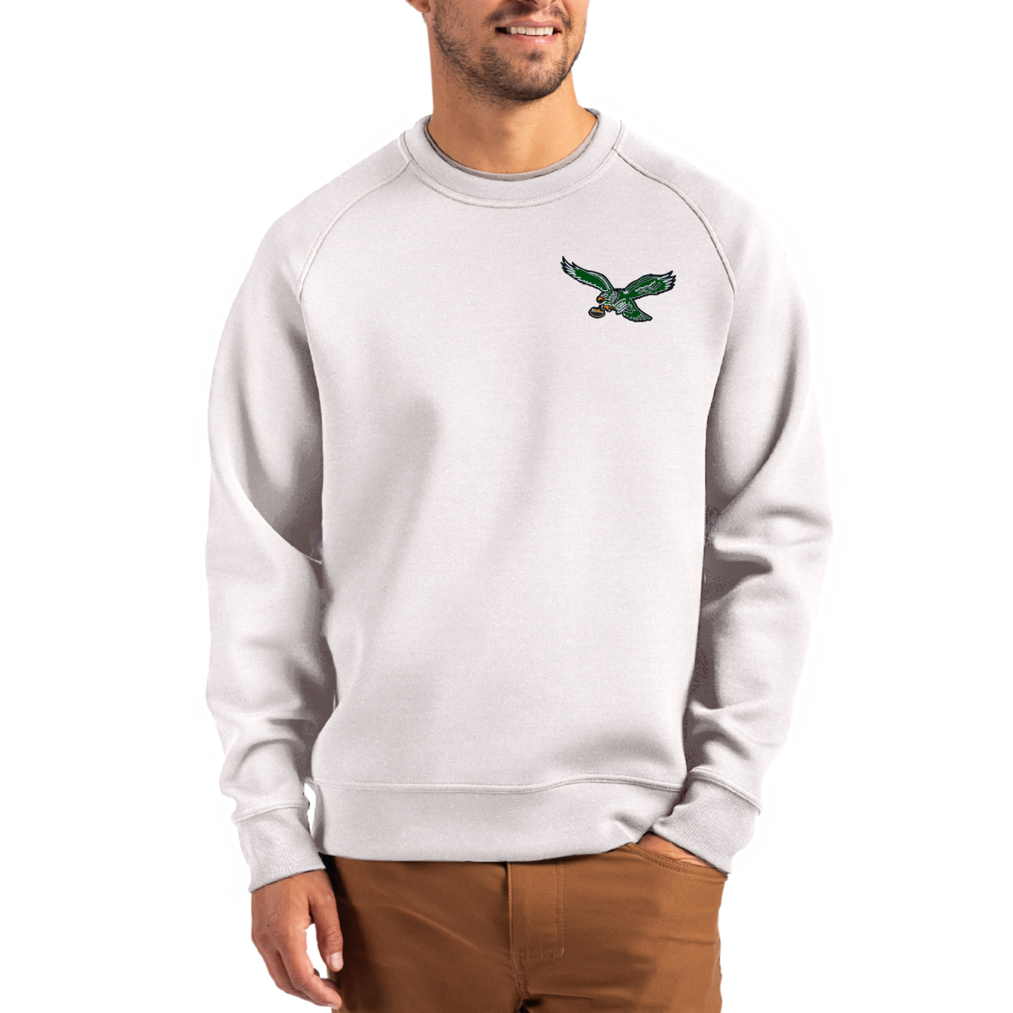 Men's Cutter & Buck Gray Philadelphia Eagles Throwback Roam Recycled Raglan Pullover Sweatshirt