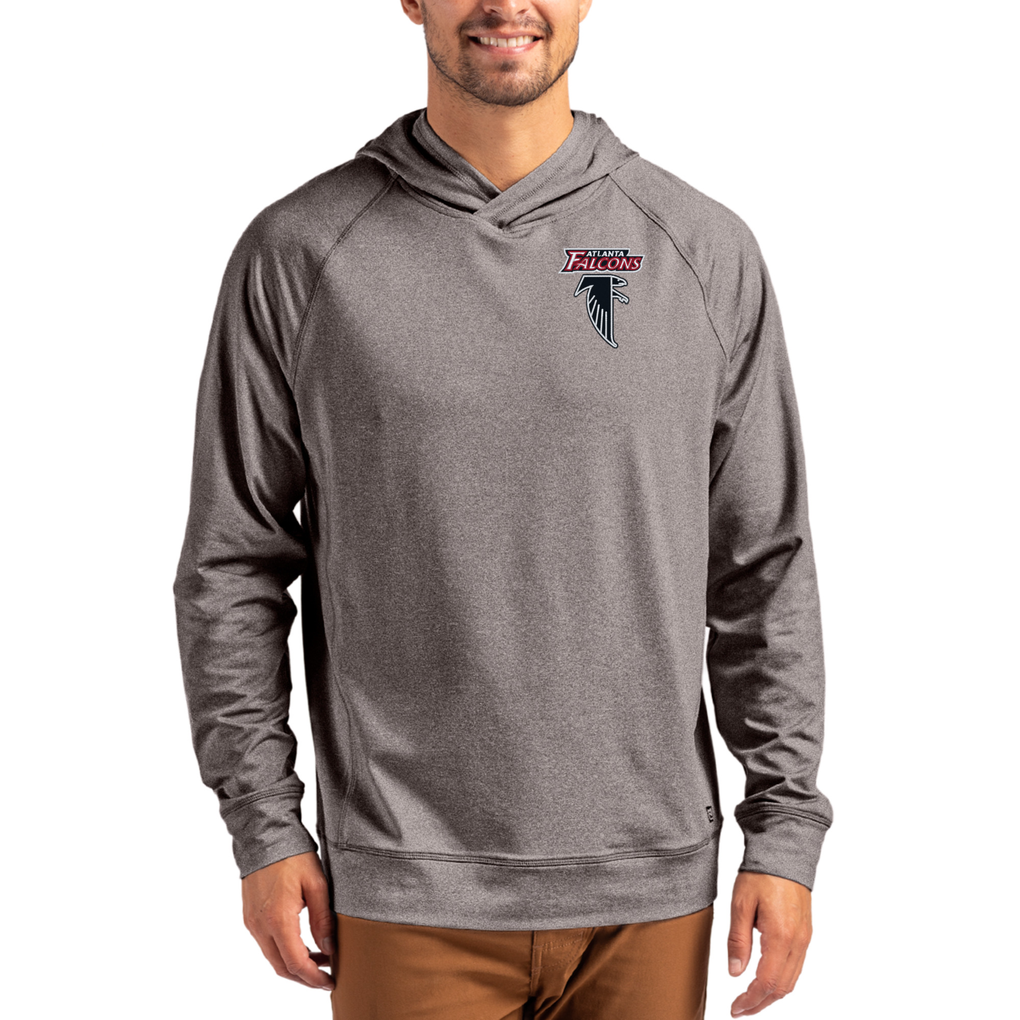Men's Cutter & Buck Heather Gray Atlanta Falcons Adapt Historic Knit Recycled Raglan Pullover Hoodie