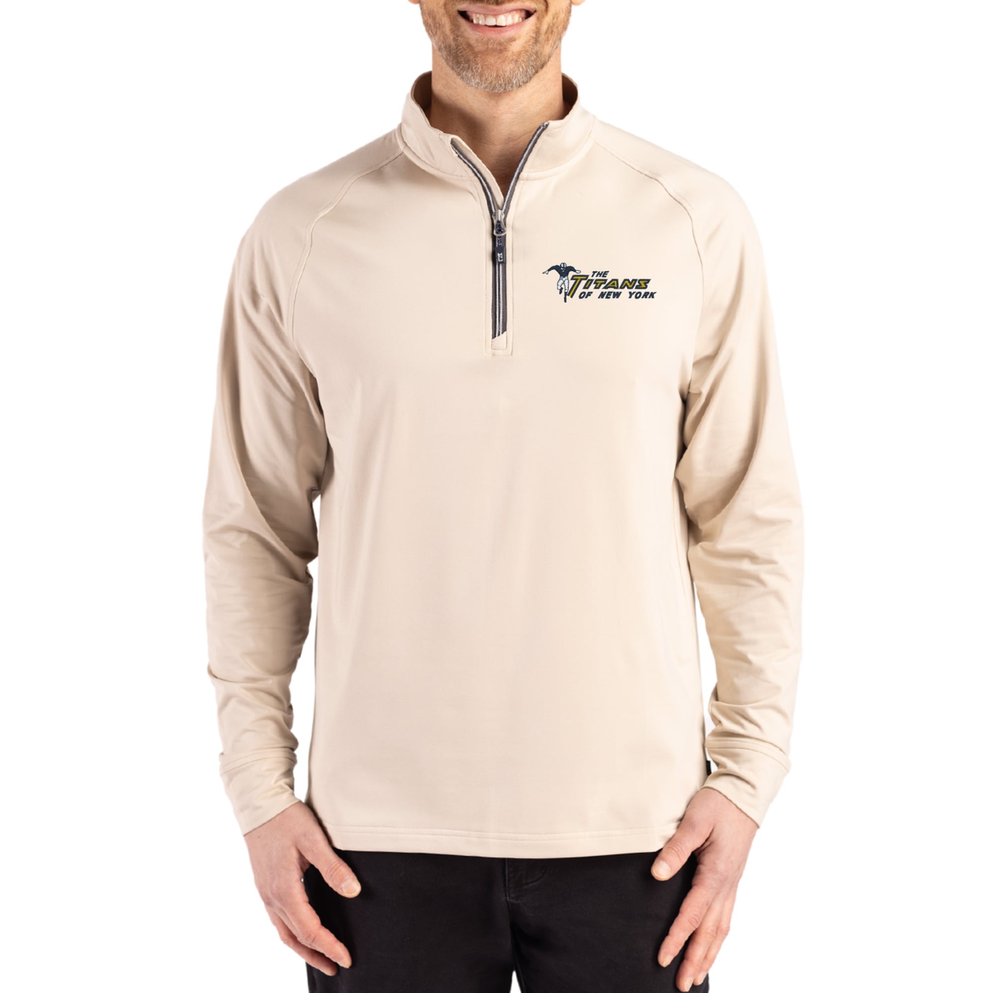 Men's Cutter & Buck Tan New York Titans Throwback Logo Adapt Eco Knit Stretch Recycled Quarter-Zip Pullover