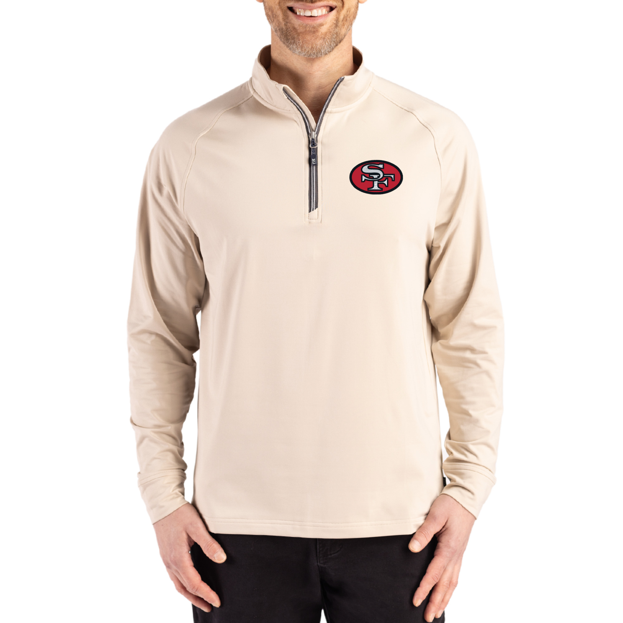 Men's Cutter & Buck Tan San Francisco 49ers Adapt Eco Knit Stretch Recycled Quarter-Zip Pullover