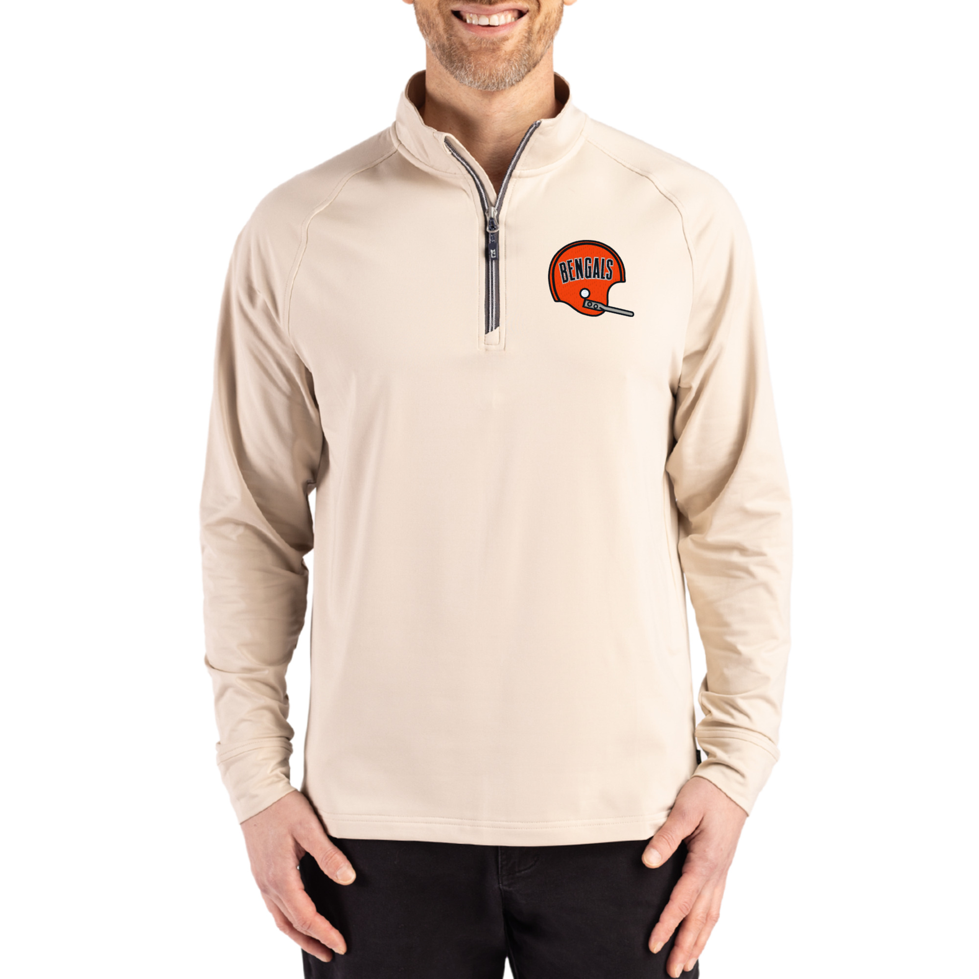 Men's Cutter & Buck Tan Cincinnati Bengals Throwback Logo Adapt Eco Knit Stretch Recycled Quarter-Zip Pullover
