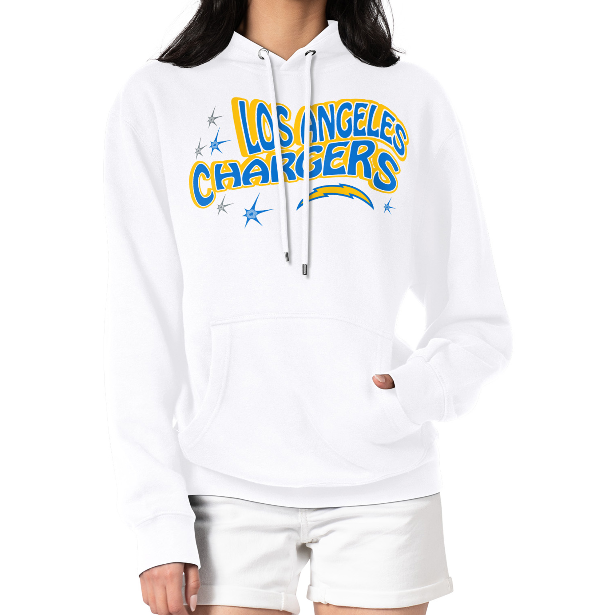 Women's Starter White Los Angeles Chargers Fireworks Fleece Pullover Hoodie