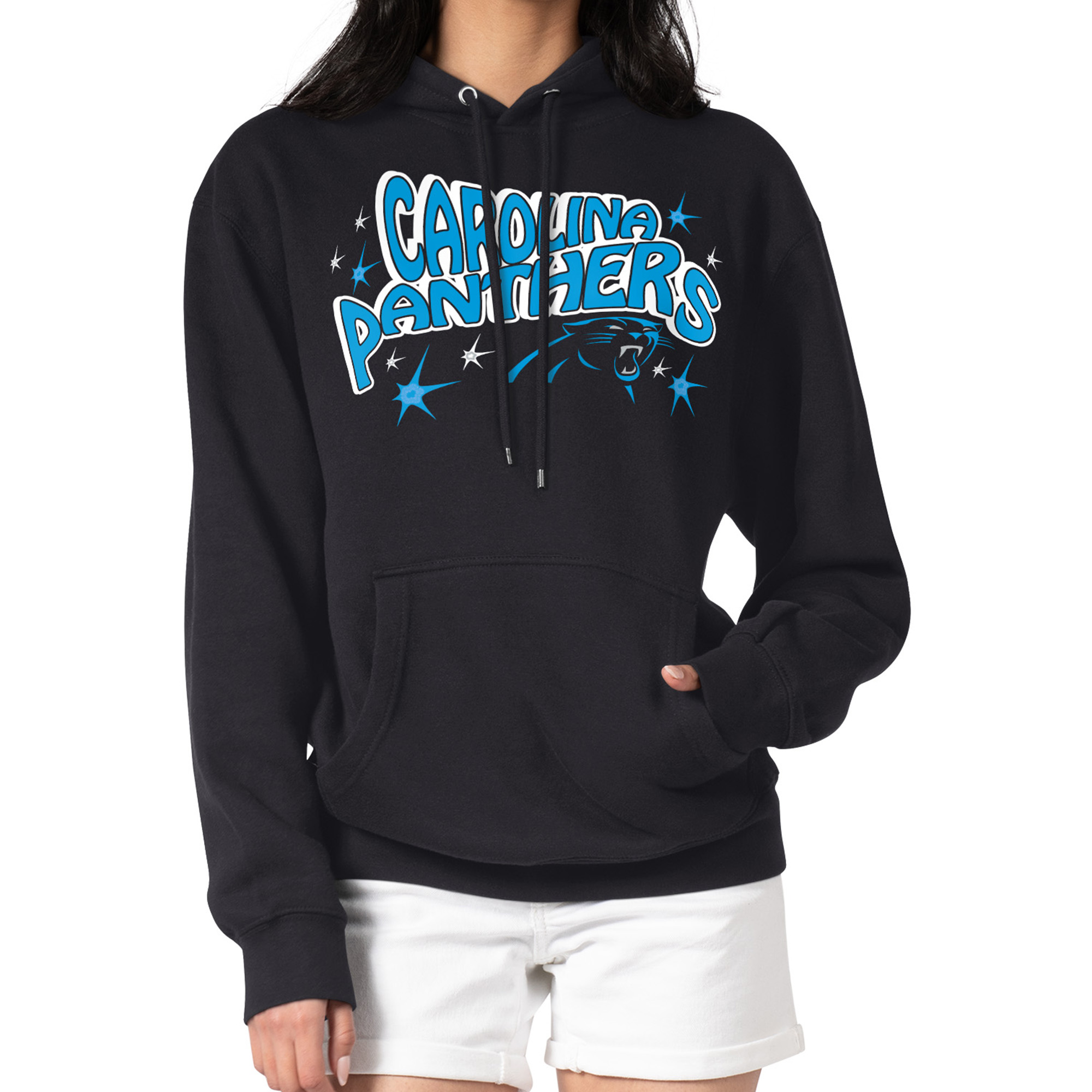 Women's Starter Black Carolina Panthers Fireworks Fleece Pullover Hoodie