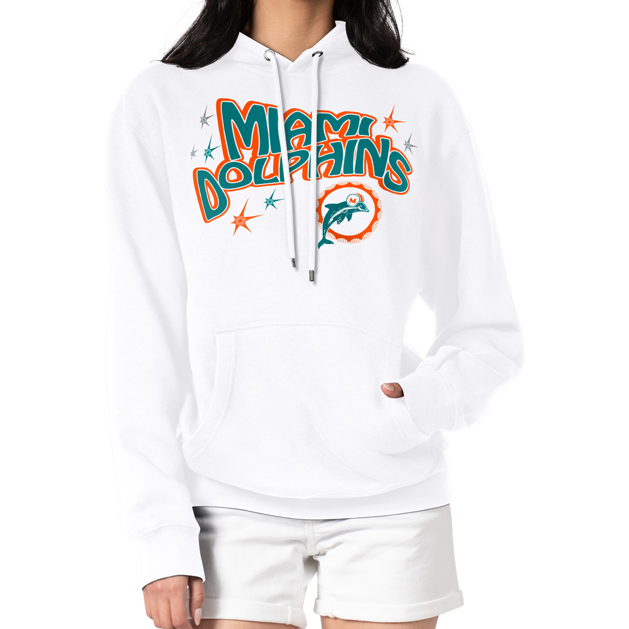 Women's Starter White Miami Dolphins Fireworks Fleece Pullover Hoodie
