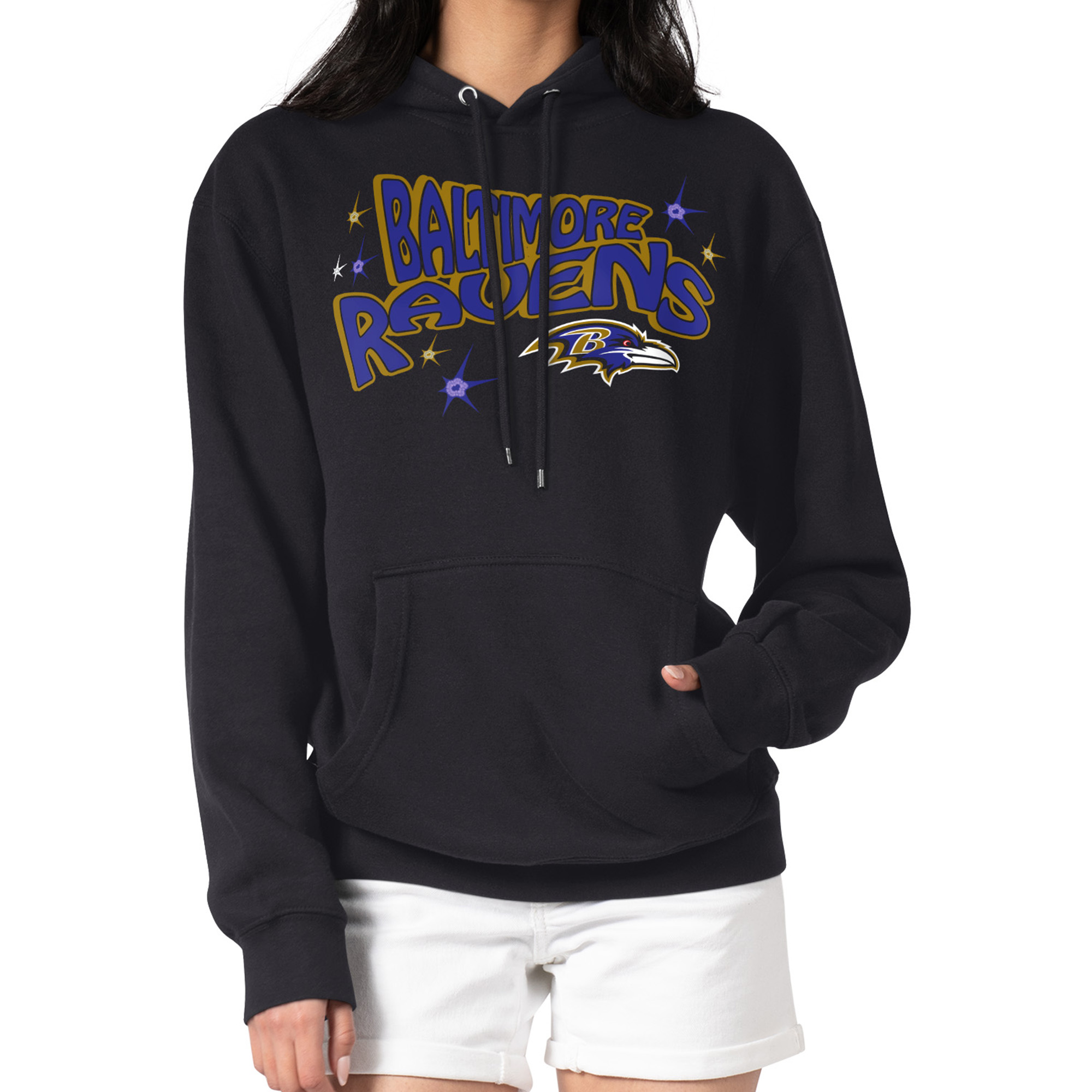 Women’s Starter Black Baltimore Ravens Fireworks Fleece Pullover Hoodie Women’s Starter Black Baltimore Ravens Fireworks Fleece Pullover Hoodie