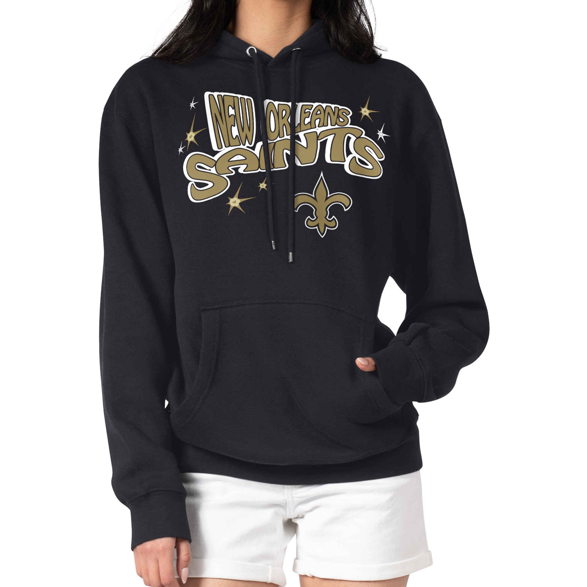 Women's Starter Black New Orleans Saints Fireworks Fleece Pullover Hoodie
