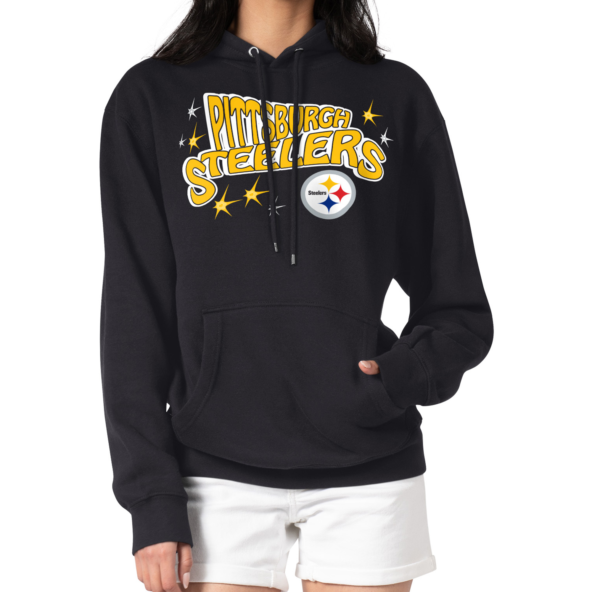 Women's Starter Black Pittsburgh Steelers Fireworks Fleece Pullover Hoodie