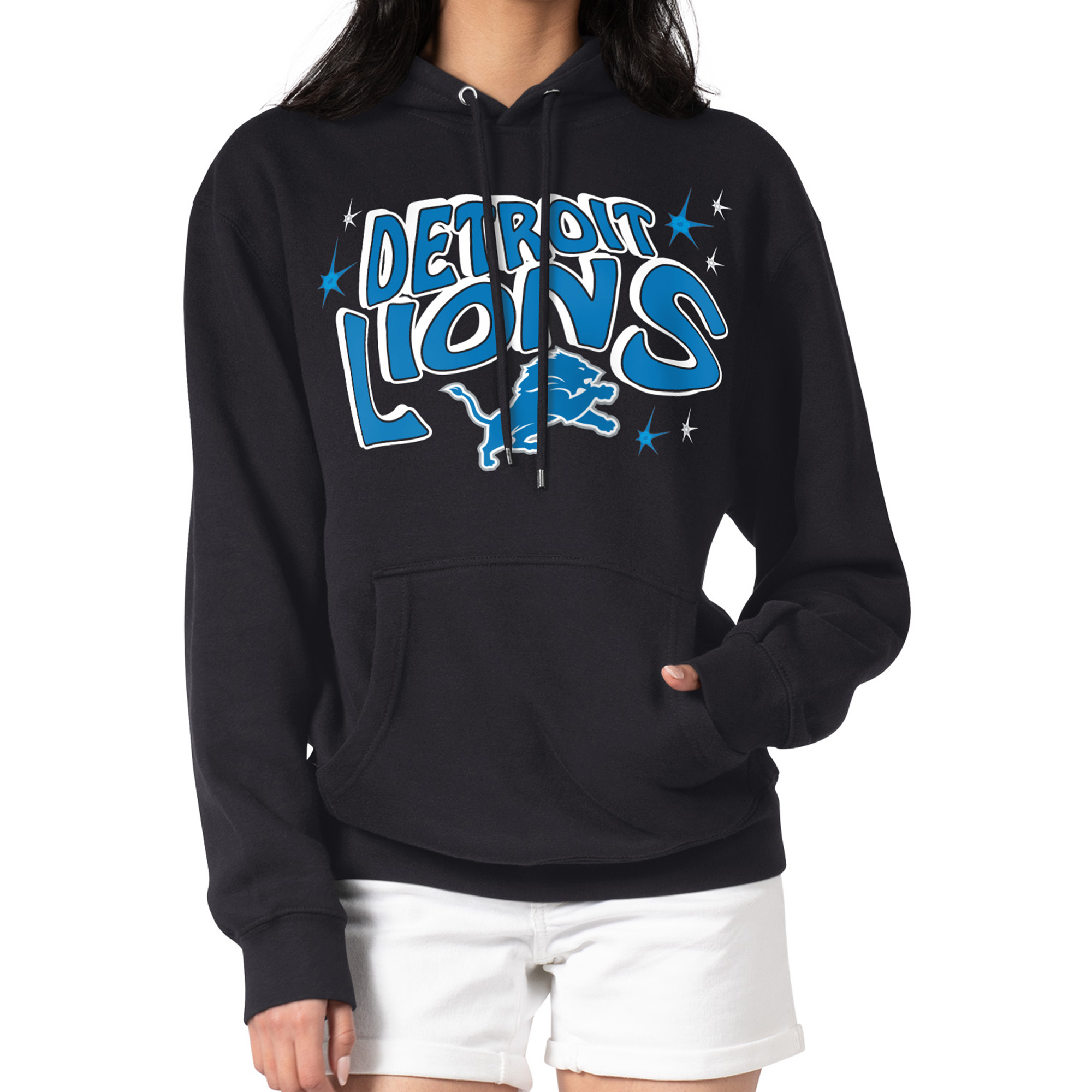 Women's Starter Black Detroit Lions Fireworks Fleece Pullover Hoodie