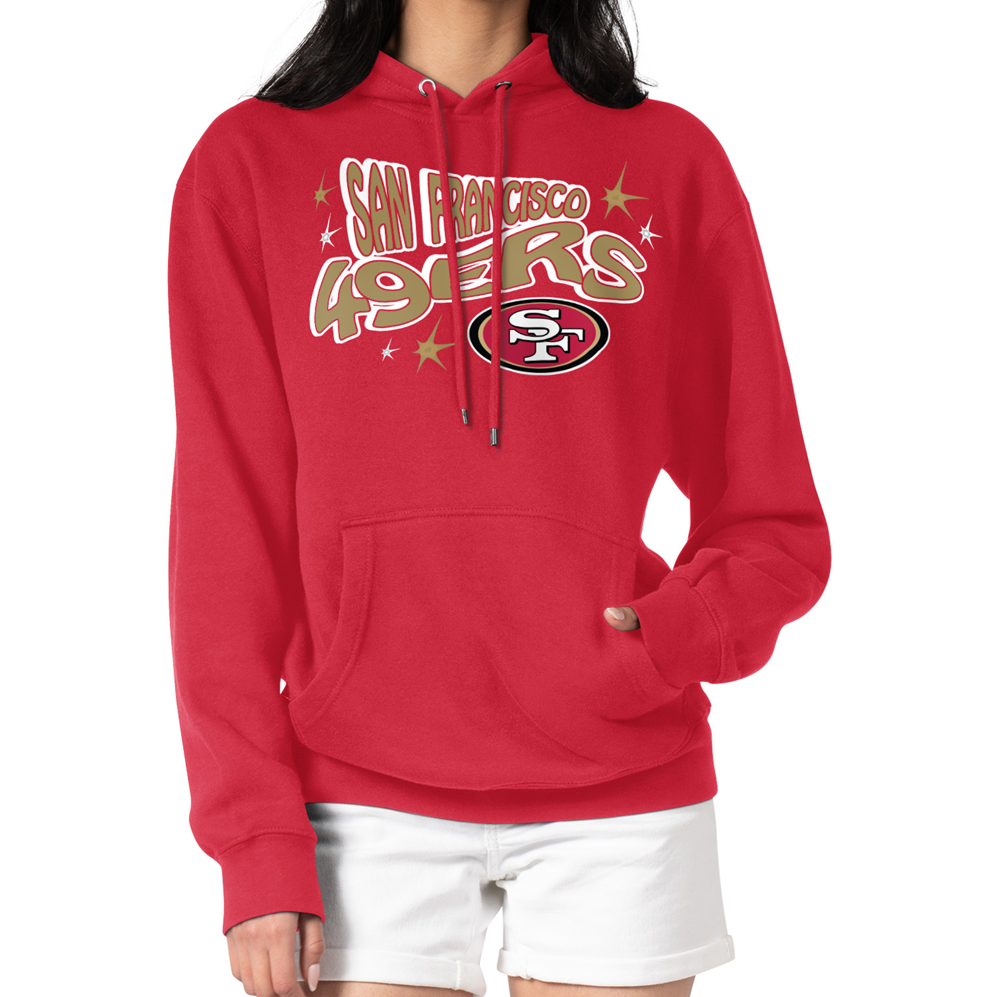 Women's Starter Scarlet San Francisco 49ers Fireworks Fleece Pullover Hoodie