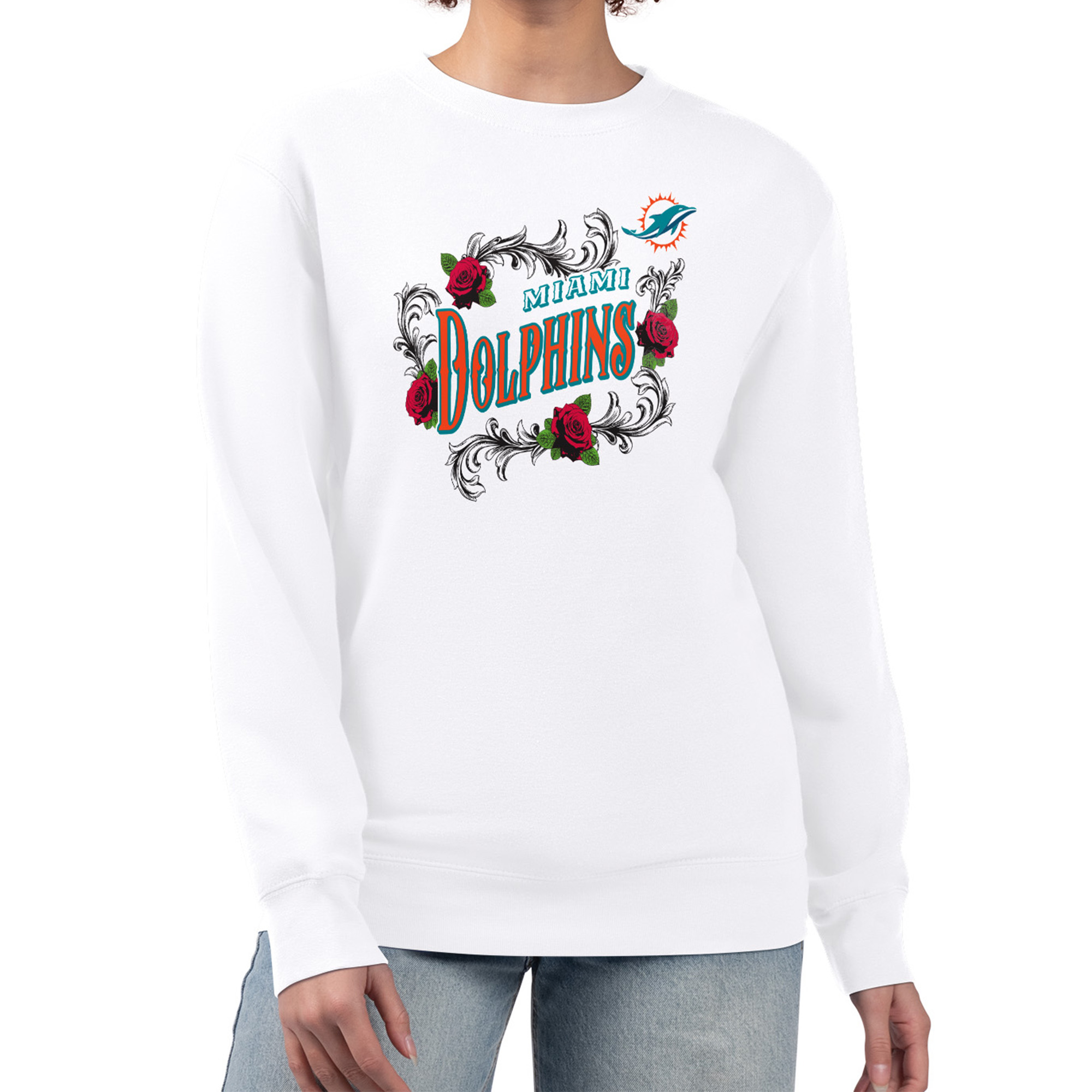 Women's G-III 4Her by Carl Banks White Miami Dolphins Roses Fleece Tri-Blend Pullover Sweatshirt
