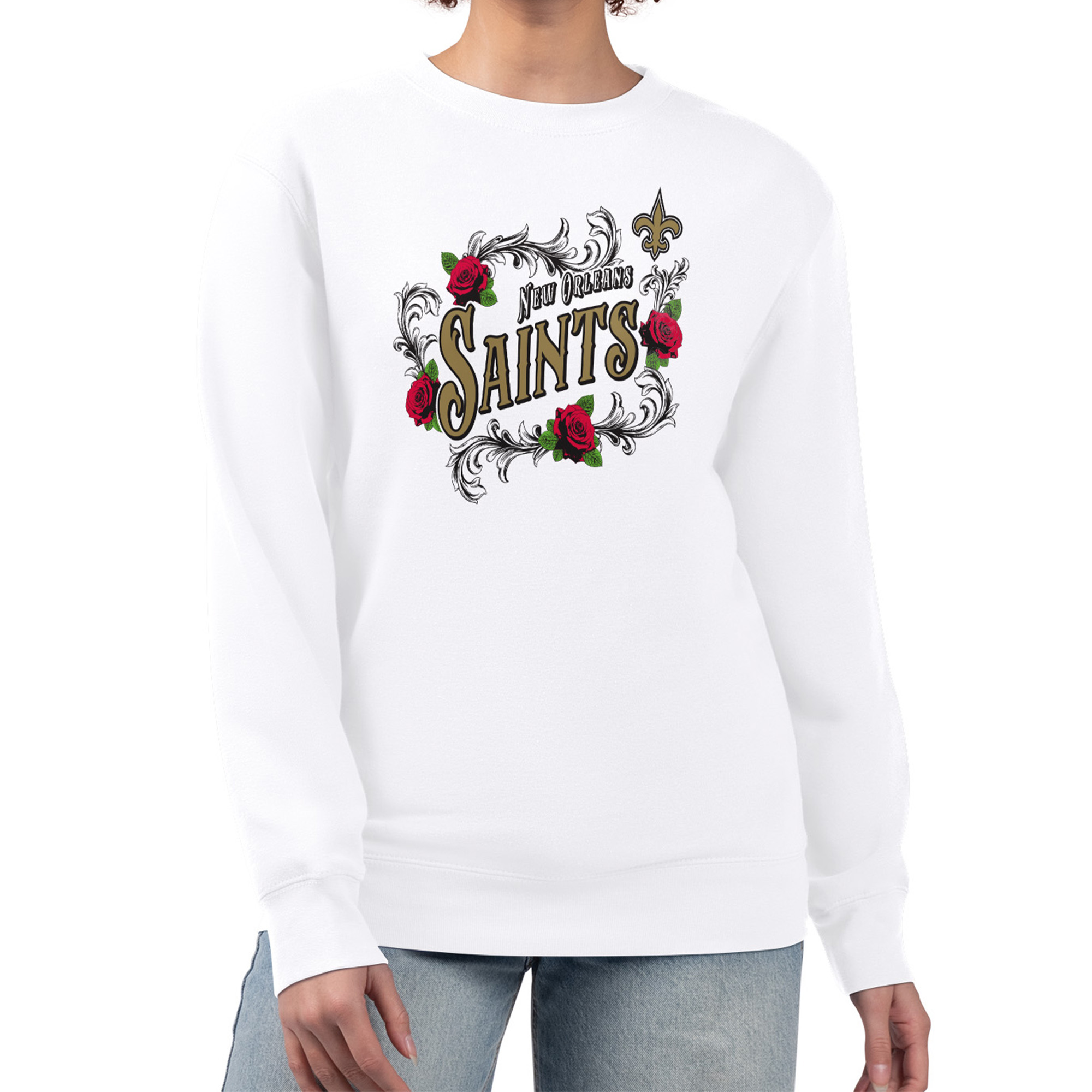 Women's G-III 4Her by Carl Banks White New Orleans Saints Roses Fleece Tri-Blend Pullover Sweatshirt