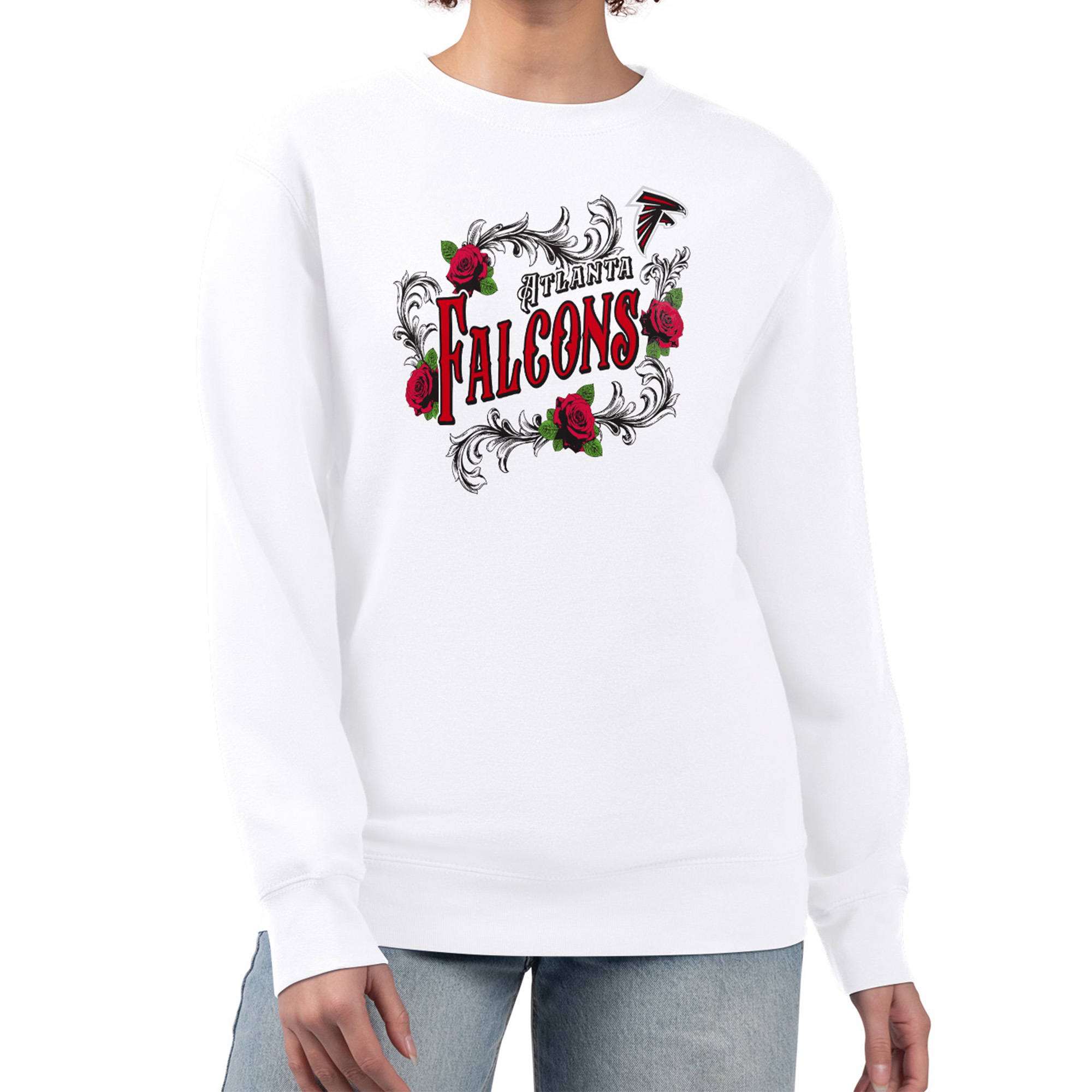 Women's G-III 4Her by Carl Banks White Atlanta Falcons Roses Fleece Tri-Blend Pullover Sweatshirt