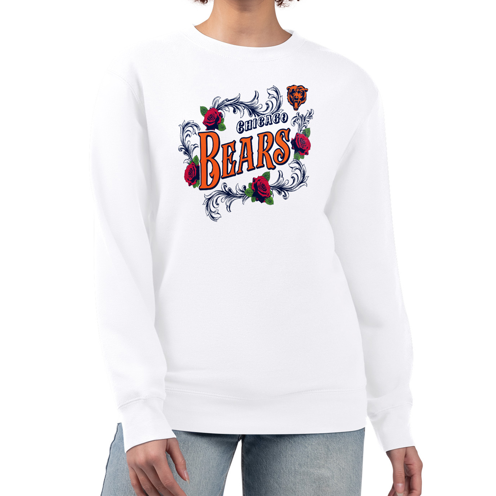 Women's G-III 4Her by Carl Banks White Chicago Bears Roses Fleece Tri-Blend Pullover Sweatshirt