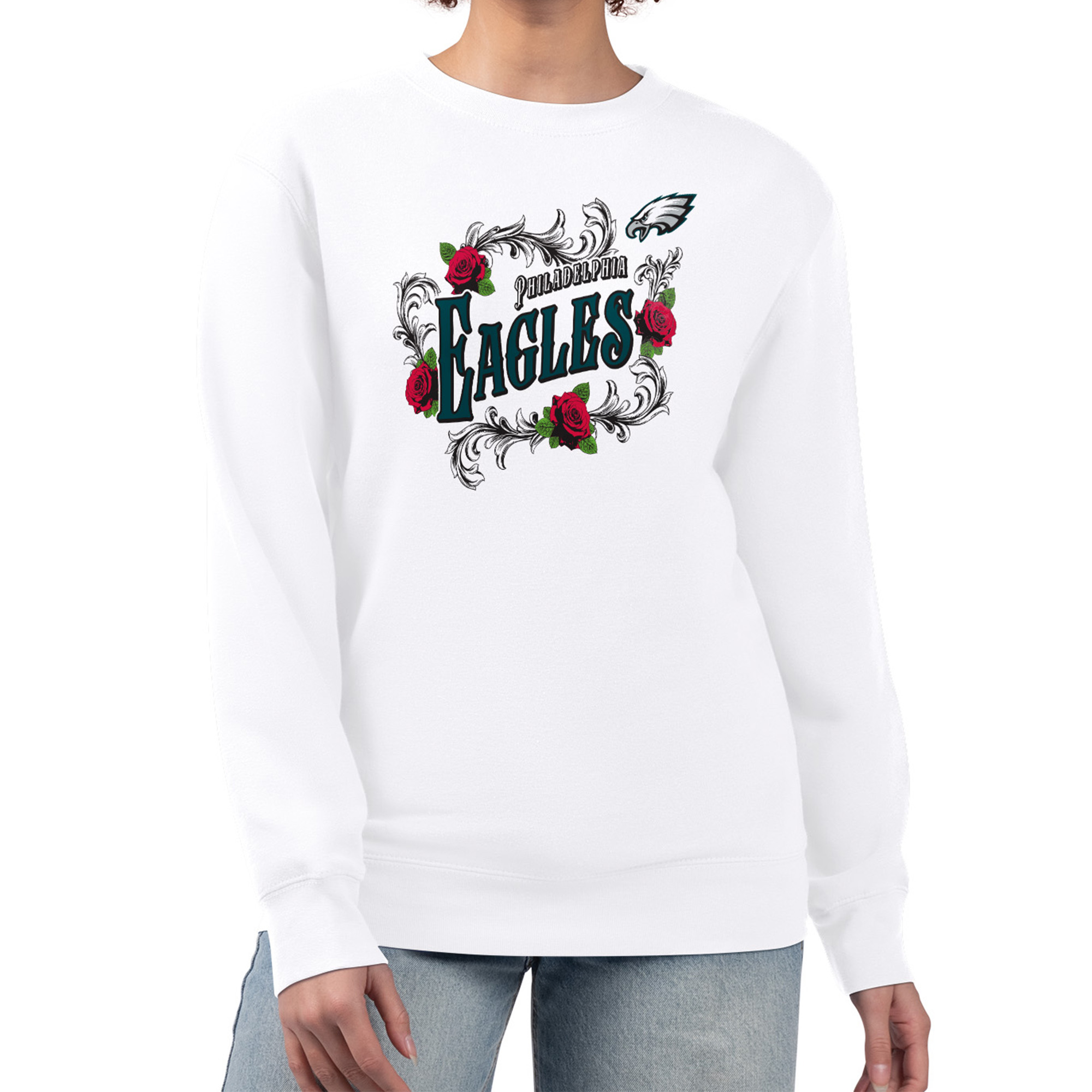 Women's G-III 4Her by Carl Banks White Philadelphia Eagles Roses Fleece Tri-Blend Pullover Sweatshirt