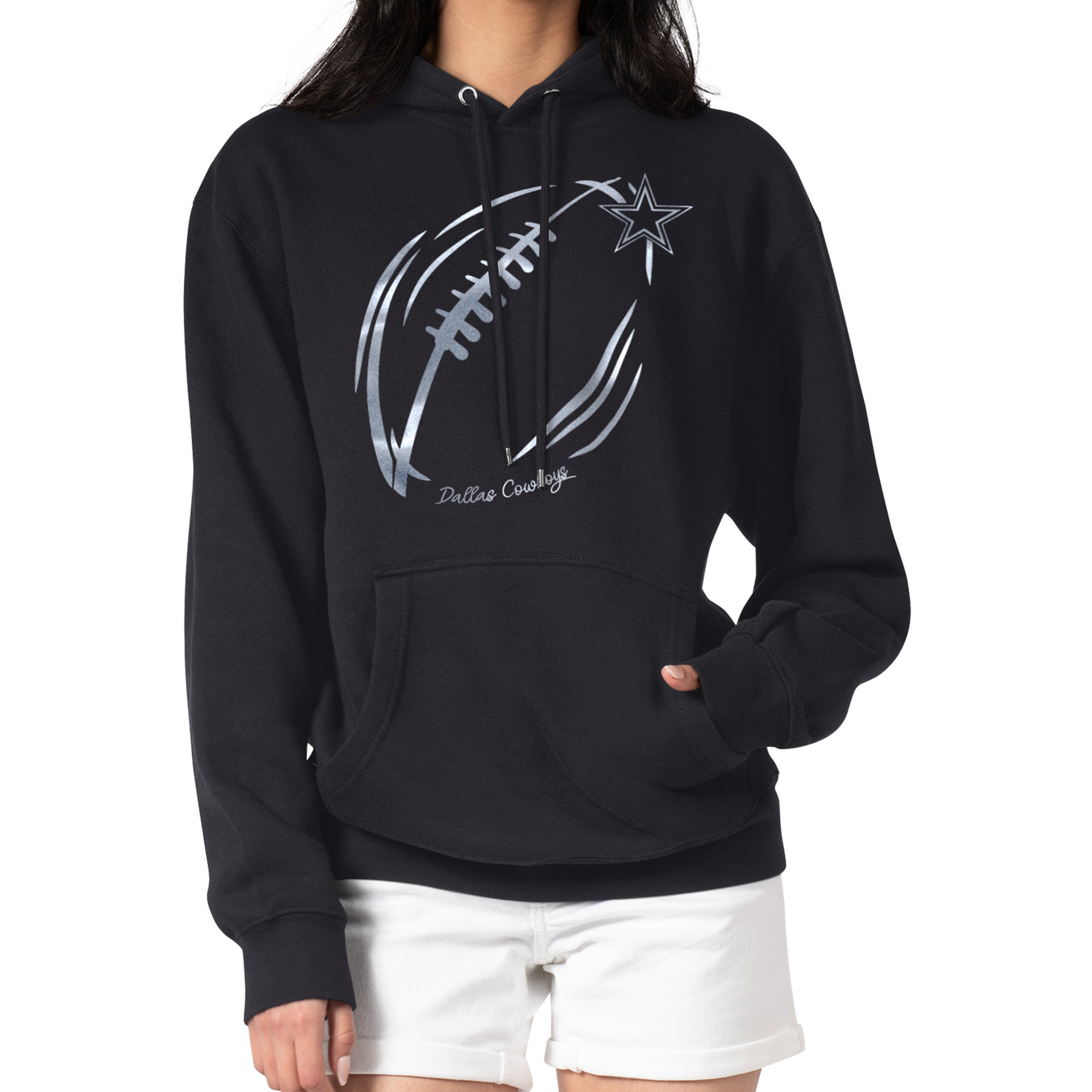 Women's G-III 4Her by Carl Banks Black Dallas Cowboys Metallic Print Football Sketch Fleece Pullover Hoodie
