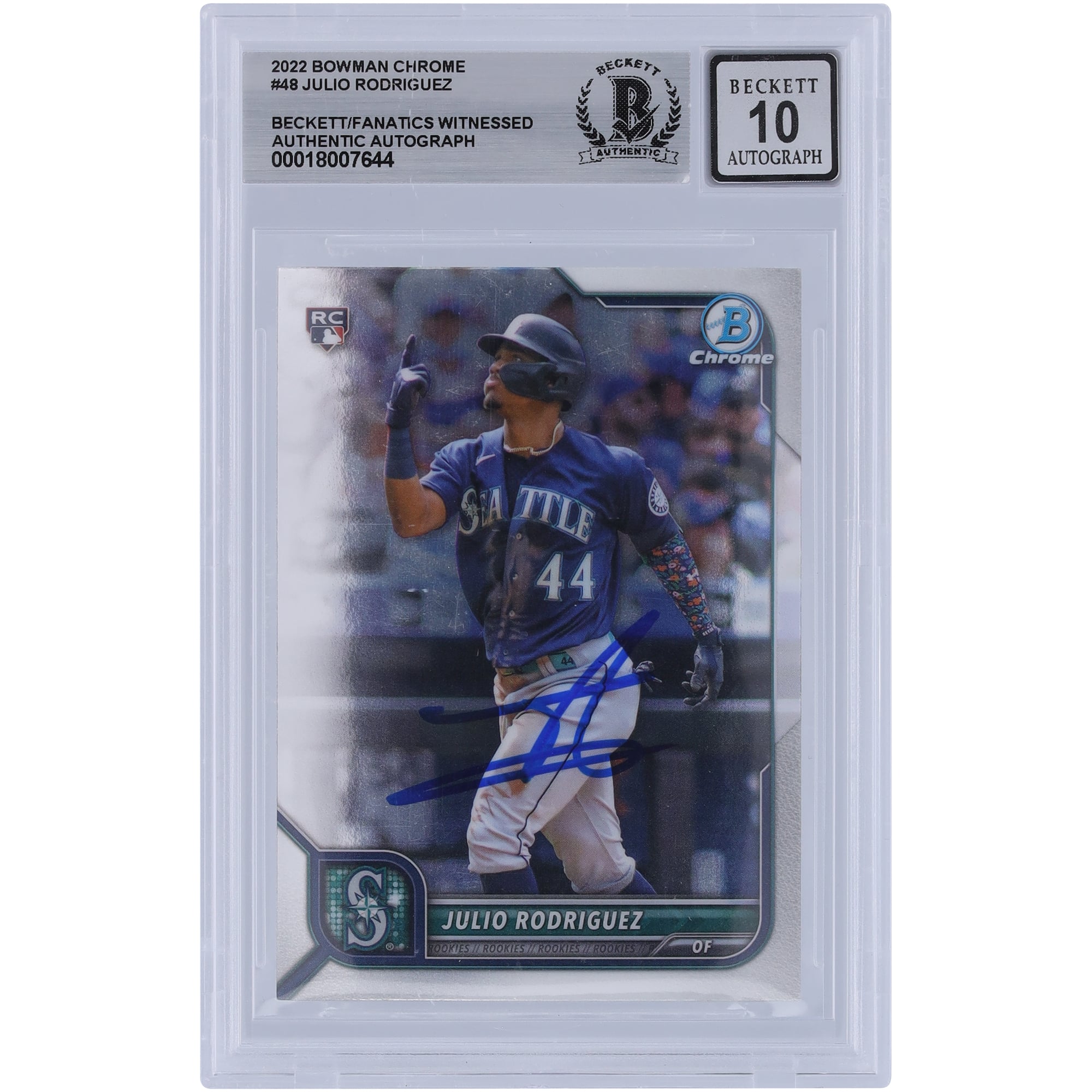 Julio Rodriguez Seattle Mariners Autographed 2022 Bowman Chrome #48 Beckett Fanatics Witnessed Authenticated 10 Rookie Card