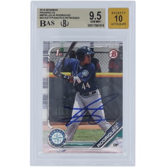 Julio Rodriguez Seattle Mariners Autographed 2019 Bowman Prospects #BP-33 Beckett Fanatics Witnessed Authenticated 9.5/10 Card