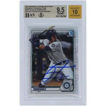 Julio Rodriguez Seattle Mariners Autographed 2020 Bowman Chrome Prospect Mega Box Refractors #BCP-19 Beckett Fanatics Witnessed Authenticated 9.5/10 Card