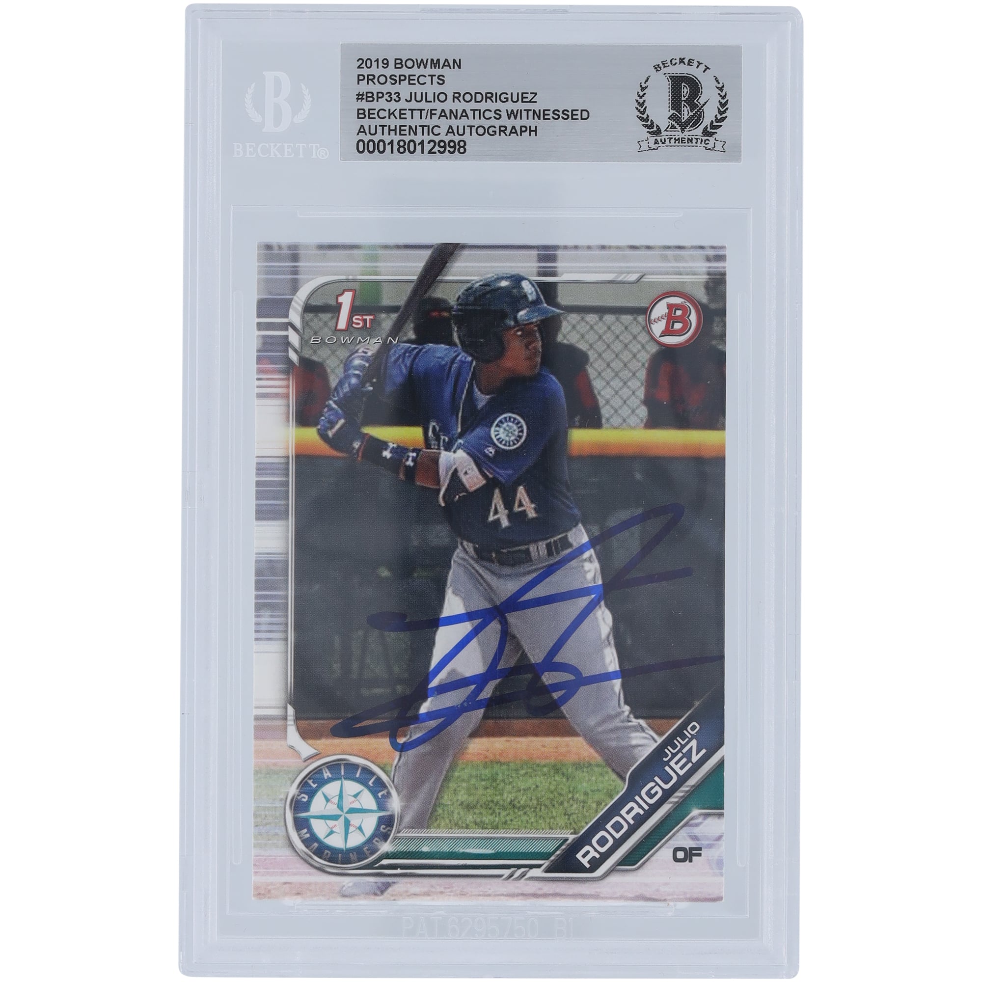 Julio Rodriguez Seattle Mariners Autographed 2019 Bowman Prospects #BP-33 Beckett Fanatics Witnessed Authenticated / Card