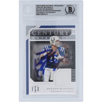 Peyton Manning Indianapolis Colts Autographed 2020 Panini National Treasures Century Materials GU Relic #CM-PMA #/99 Beckett Fanatics Witnessed Authenticated 10 Card