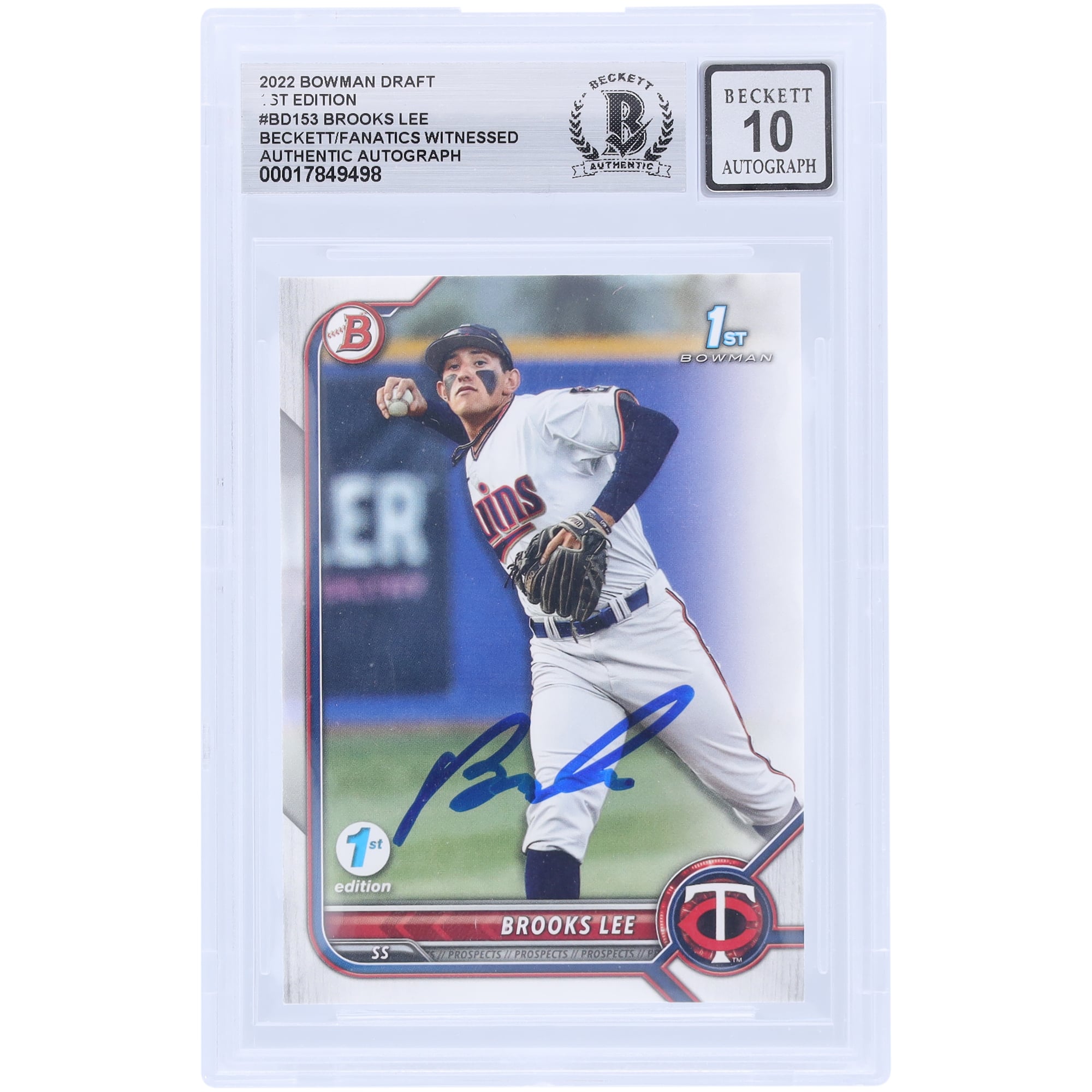 Brooks Lee Minnesota Twins Autographed 2022 Bowman Draft 1st Edition #BD-153 Beckett Fanatics Witnessed Authenticated 10 Card. rookie card picture