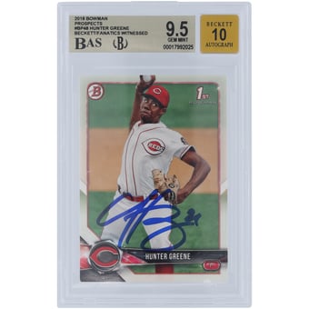 Hunter Greene Cincinnati Reds Autographed 2018 Bowman Prospects #BP48 Beckett Fanatics Witnessed Authenticated 9.5/10 Card