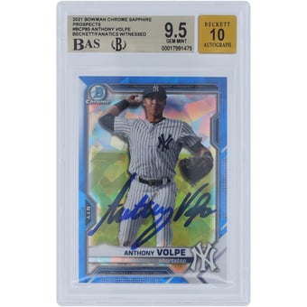 Anthony Volpe New York Yankees Autographed Bowman Chrome Prospects Sapphire #BCP- Beckett Fanatics Witnessed Authenticated /10 Card