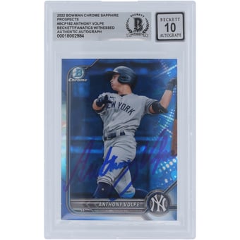 Anthony Volpe New York Yankees Autographed 2022 Bowman Chrome Prospects Sapphire #BCP-182 Beckett Fanatics Witnessed Authenticated 10 Card