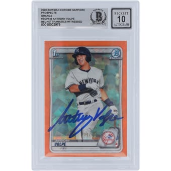 Anthony Volpe New York Yankees Autographed 2020 Bowman Chrome Prospects Sapphire Orange #BCP-139 #/75 Beckett Fanatics Witnessed Authenticated 10 Card