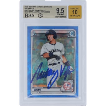 Anthony Volpe New York Yankees Autographed 2020 Bowman Chrome Prospects Sapphire #BCP-139 Beckett Fanatics Witnessed Authenticated 9.5/10 Card