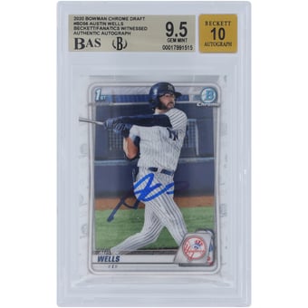 Austin Wells New York Yankees Autographed 2020 Bowman Chrome Draft #BD-56 Beckett Fanatics Witnessed Authenticated 9.5/10 Card