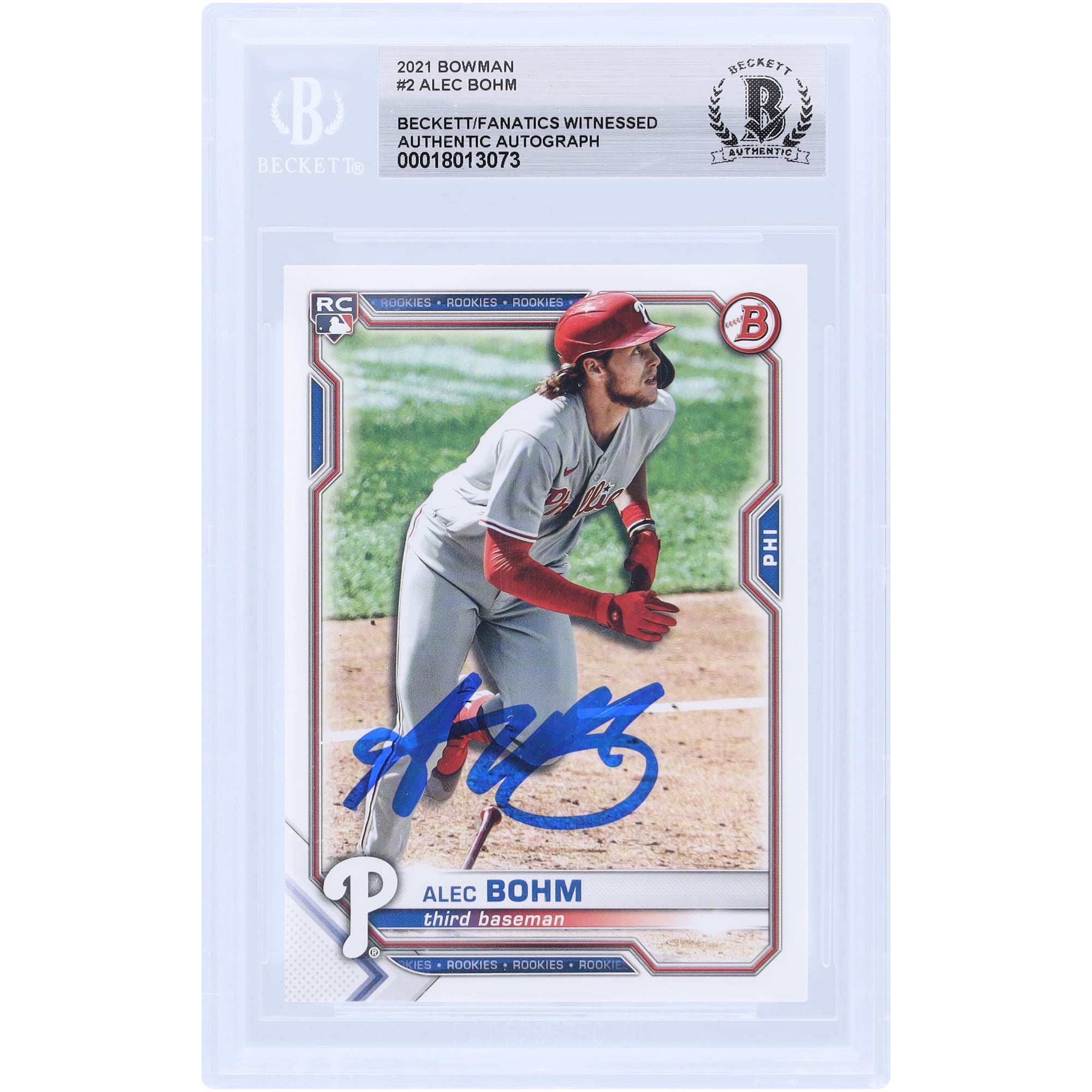 Alec Bohm Philadelphia Phillies Autographed 2021 Bowman #2 Beckett Fanatics Witnessed Authenticated Rookie Card