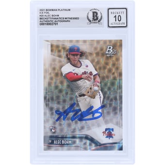 Alec Bohm Philadelphia Phillies Autographed 2021 Bowman Platinum Ice Foil #20 Beckett Fanatics Witnessed Authenticated 10 Rookie Card