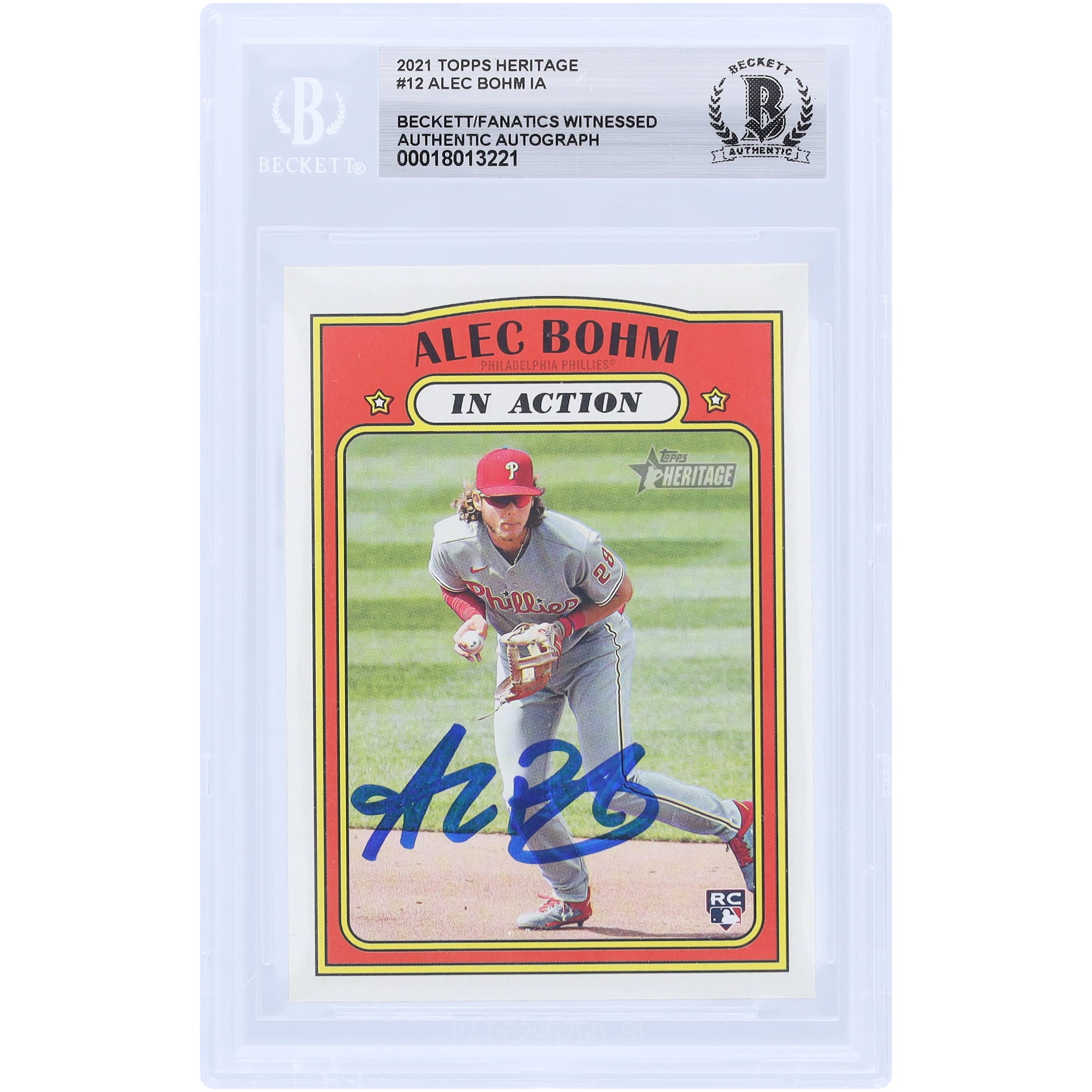 Alec Bohm Philadelphia Phillies Autographed 2021 Topps Heritage #12 Beckett Fanatics Witnessed Authenticated Rookie Card