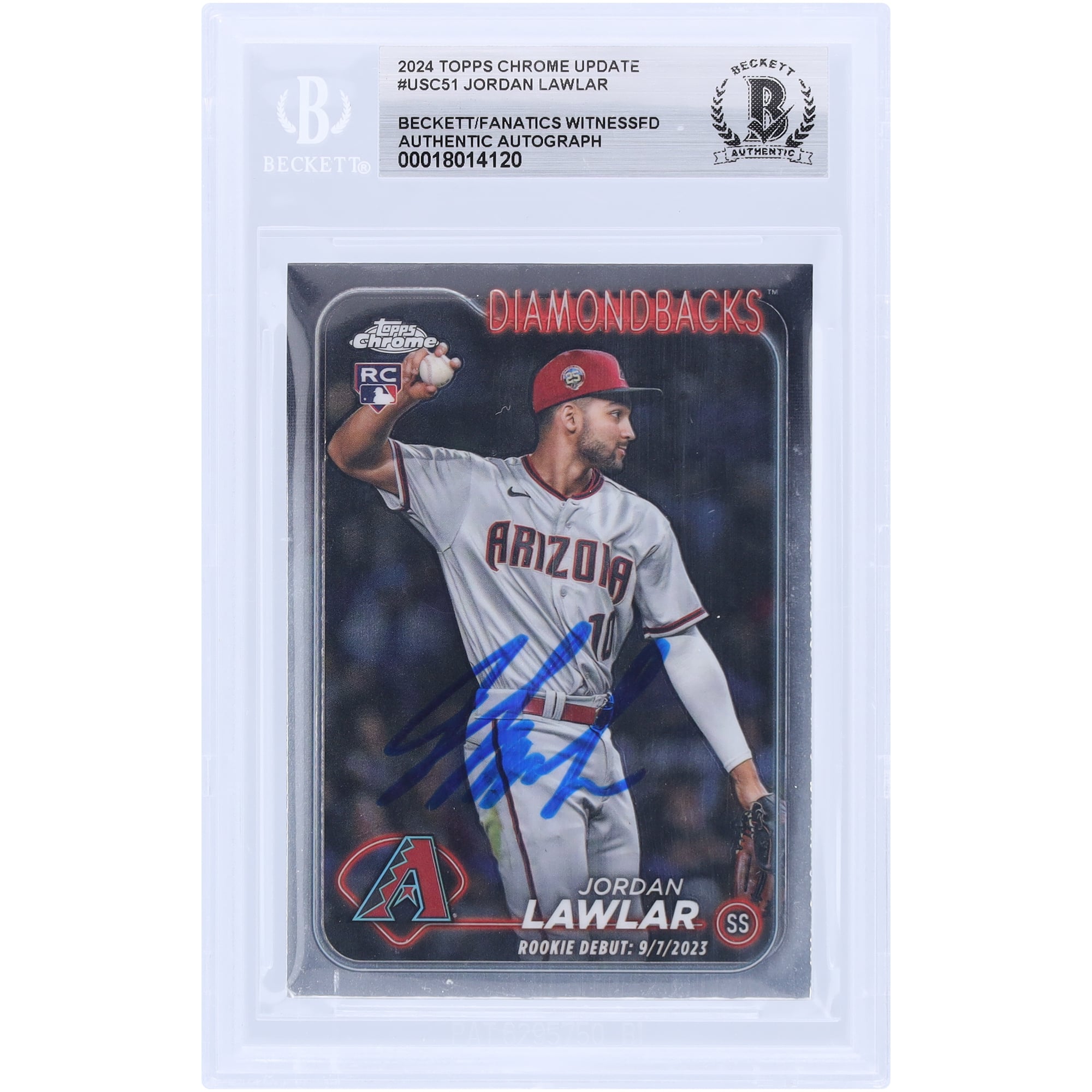 Jordan Lawlar Arizona Diamondbacks Autographed 2024 Topps Chrome Update #USC51 Beckett Fanatics Witnessed Authenticated Rookie Card. rookie card picture