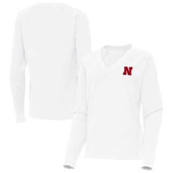 Women's Antigua White Nebraska Huskers Varsity V-Neck Tri-Blend Pullover Sweatshirt
