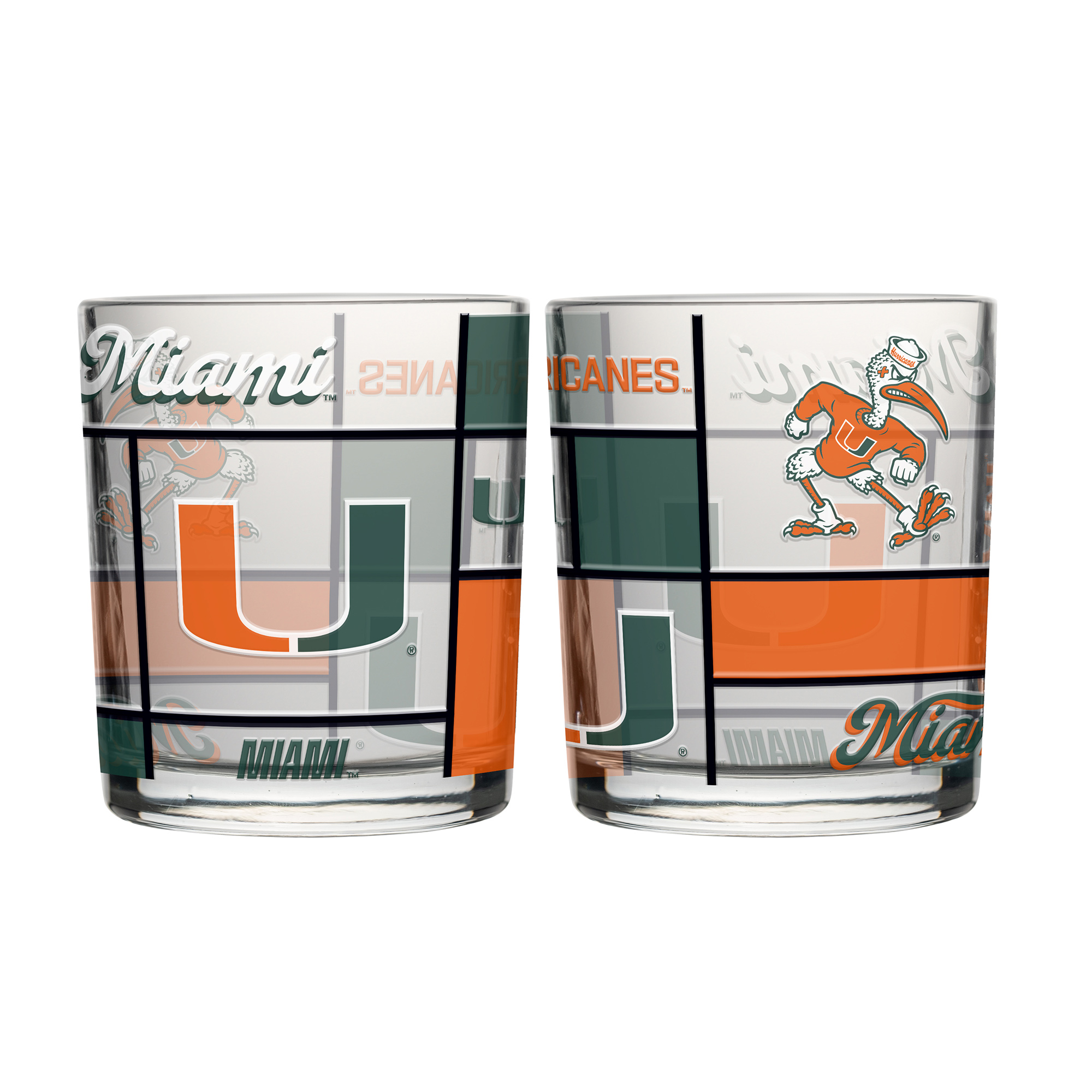 Logo Brands Miami Hurricanes 12oz. Quilted Stained Two-Pack Rocks Glass Set