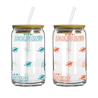 Logo Brands Miami Dolphins 16oz. Step And Repeat Glass Can with Lid & Straw 2-Pack
