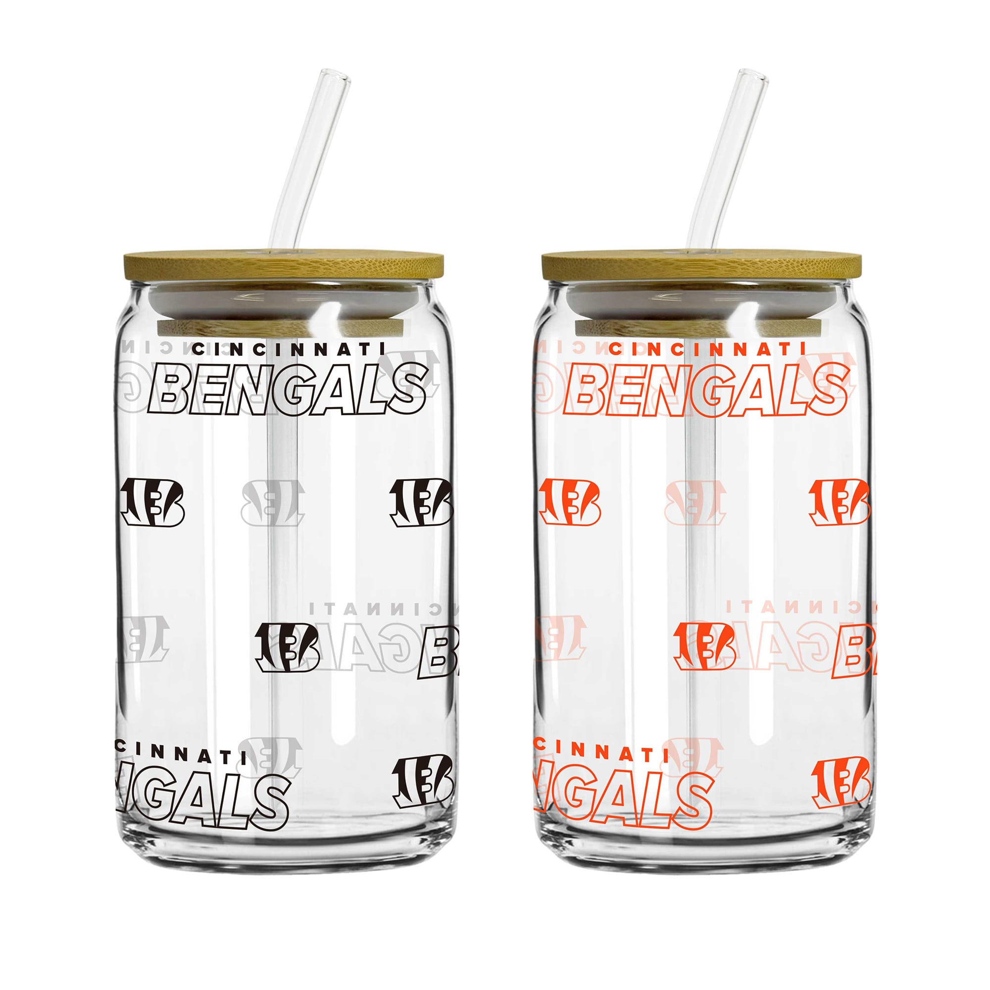 Logo Brands Cincinnati Bengals 16oz. Step And Repeat Glass Can with Lid & Straw 2-Pack