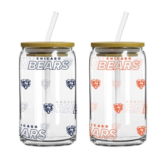 Logo Brands Chicago Bears 16oz. Step And Repeat Glass Can with Lid & Straw 2-Pack