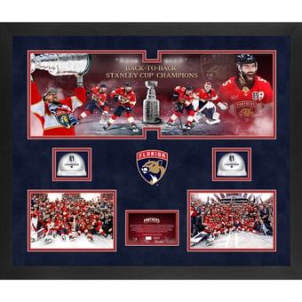 Florida Panthers 2025 Stanley Cup Champions Framed 20'' x 24'' 3-Photograph Collage with Dual Game-Used Ice from the 2024 & 2025 Stanley Cup Final - Limited Edition of 100