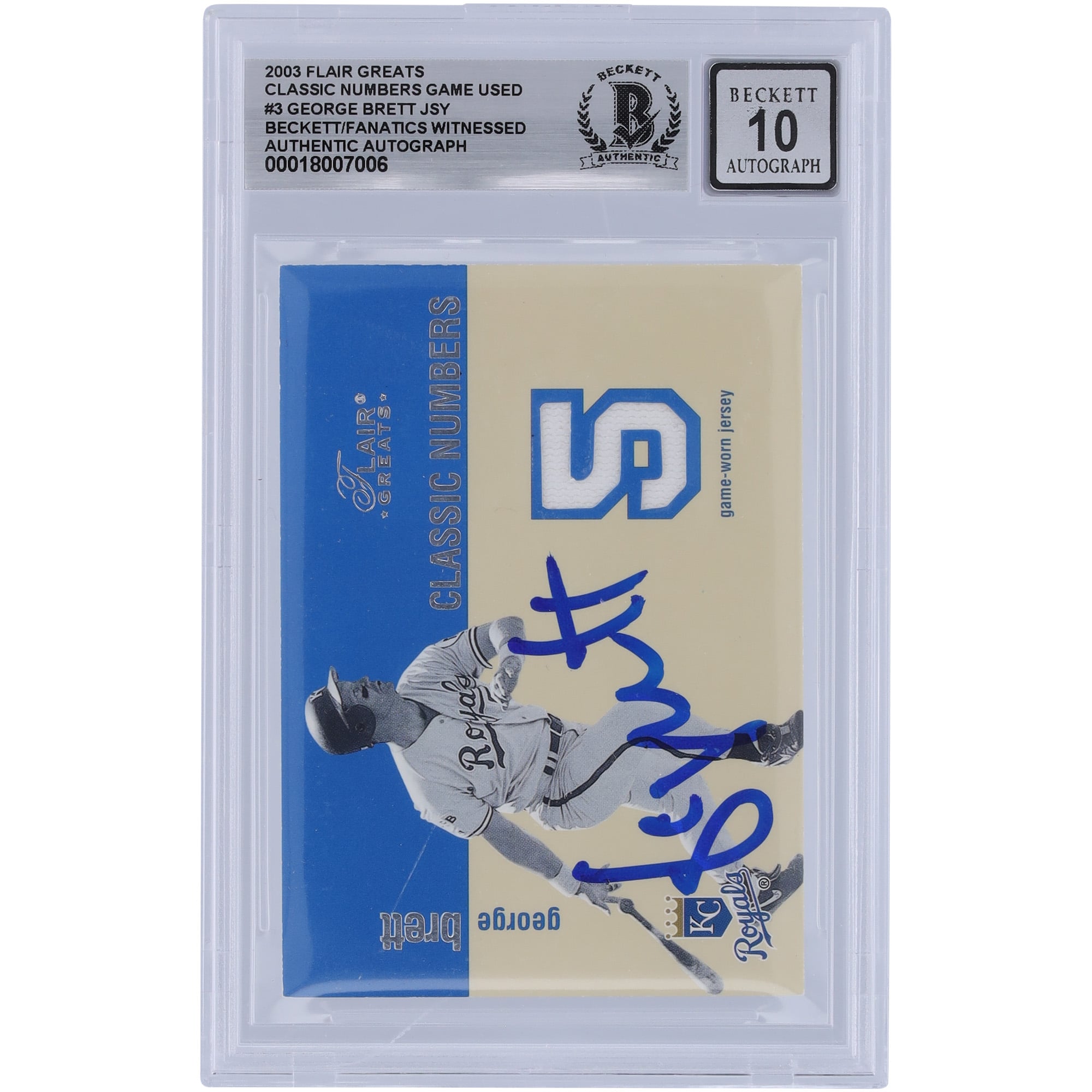 George Brett Kansas City Royals Autographed 2003 Fleer Flair Greats Classic Numbers Jersey Relic #GB Beckett Fanatics Witnessed Authenticated 10 Card. rookie card picture