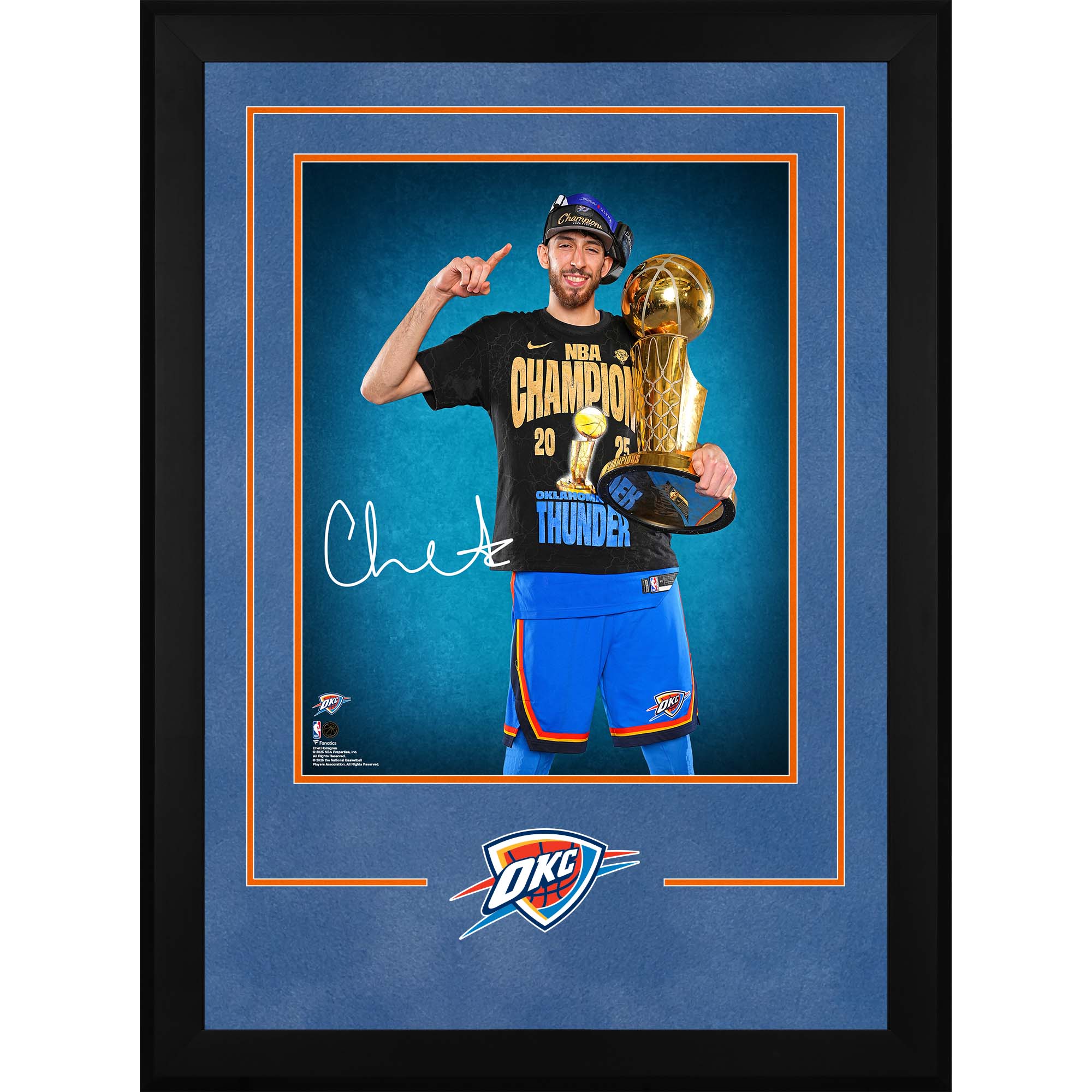 Chet Holmgren Oklahoma City Thunder Autographed Deluxe Framed 16" x 20" 2025 NBA Finals Champions Trophy Photograph