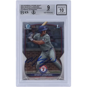 Wyatt Langford Texas Rangers Autographed 2023 Bowman Chrome Draft #BDC-106 Beckett Fanatics Witnessed Authenticated 9/10 Card